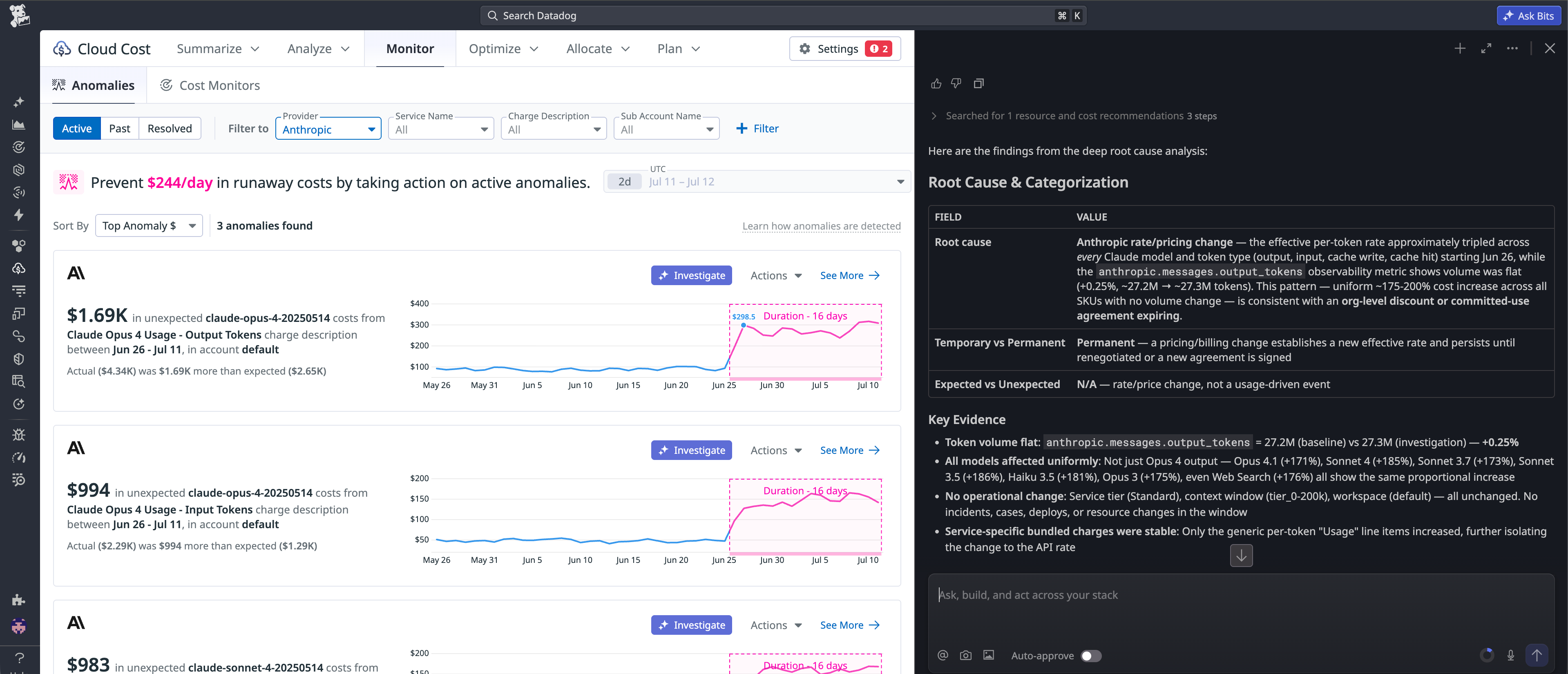 Bits Chat deep root cause analysis identifying an Anthropic rate and pricing change as permanent, with key evidence showing uniform token volume increases across all Claude models.