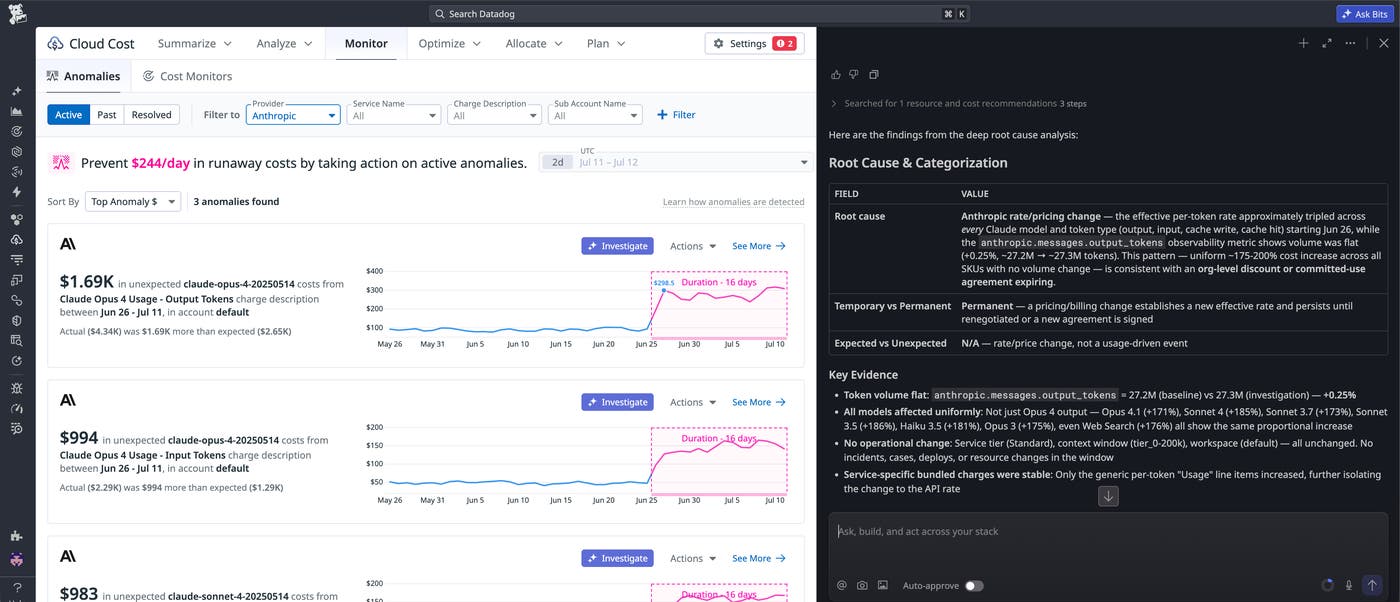 Bits Chat deep root cause analysis identifying an Anthropic rate and pricing change as permanent, with key evidence showing uniform token volume increases across all Claude models. Bits Chat deep root cause analysis identifying an Anthropic rate and pricing change as permanent, with key evidence showing uniform token volume increases across all Claude models.
