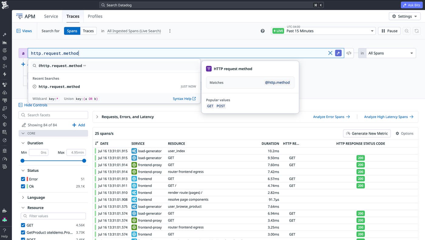 Datadog APM span search using OTel semantic attributes to filter traces by HTTP request method. Datadog APM span search using OTel semantic attributes to filter traces by HTTP request method.