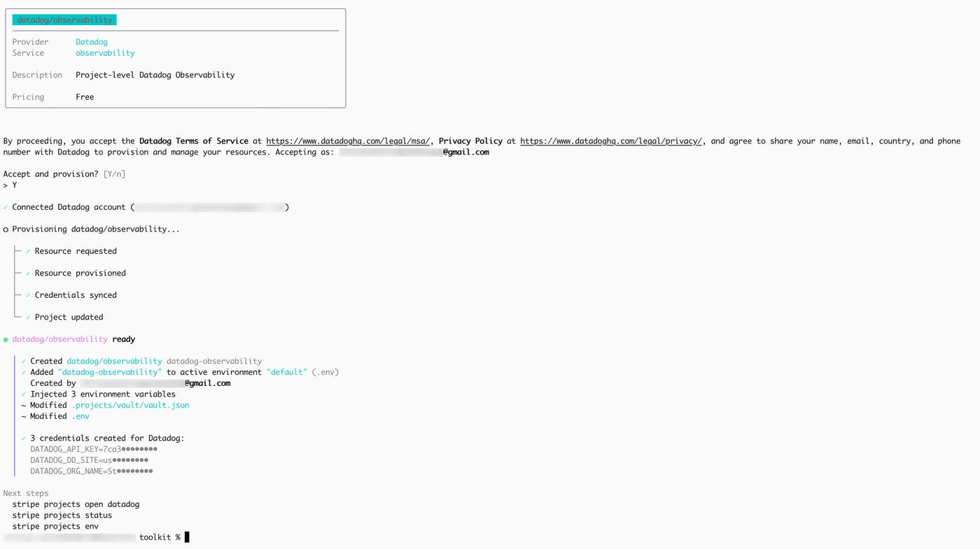 The Datadog `observability` service provisioned from the Stripe CLI. The Datadog `observability` service provisioned from the Stripe CLI.