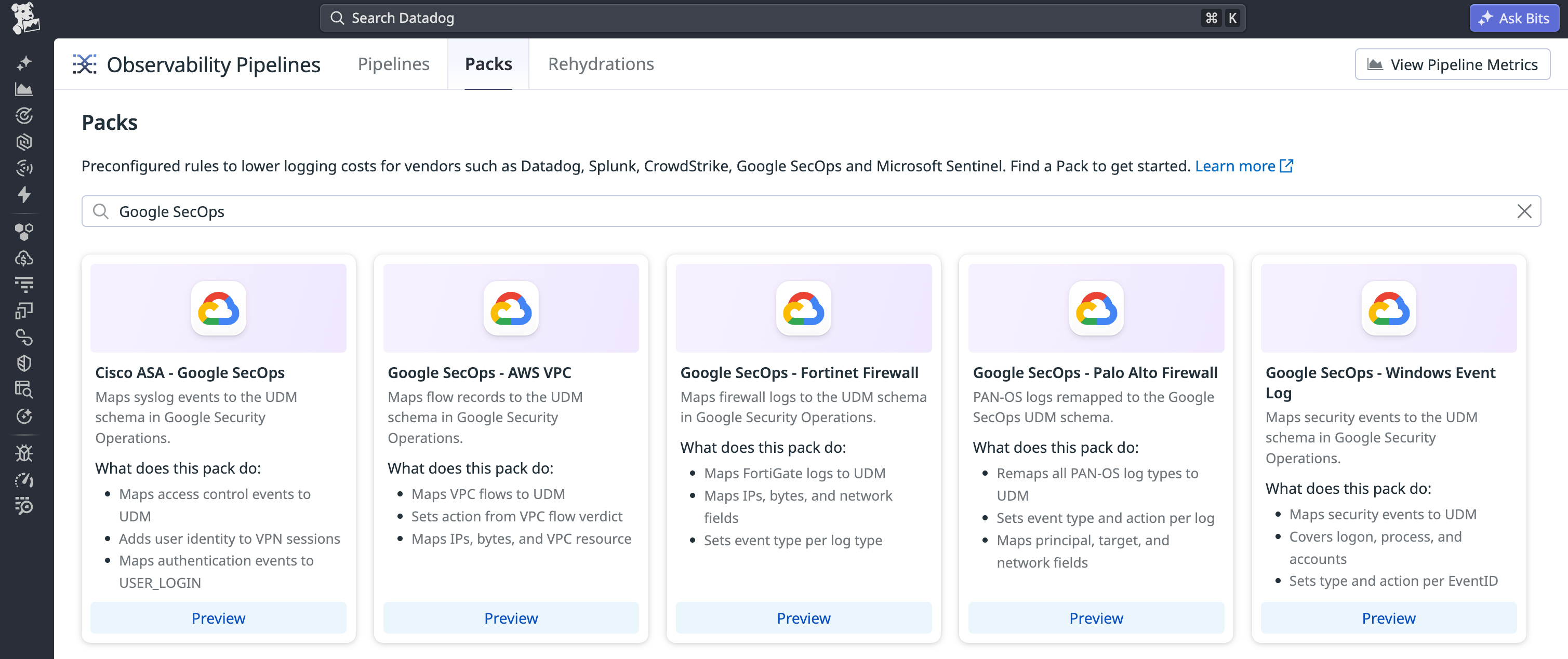 Packs gallery showing available Google SecOps normalization packs for supported log sources.