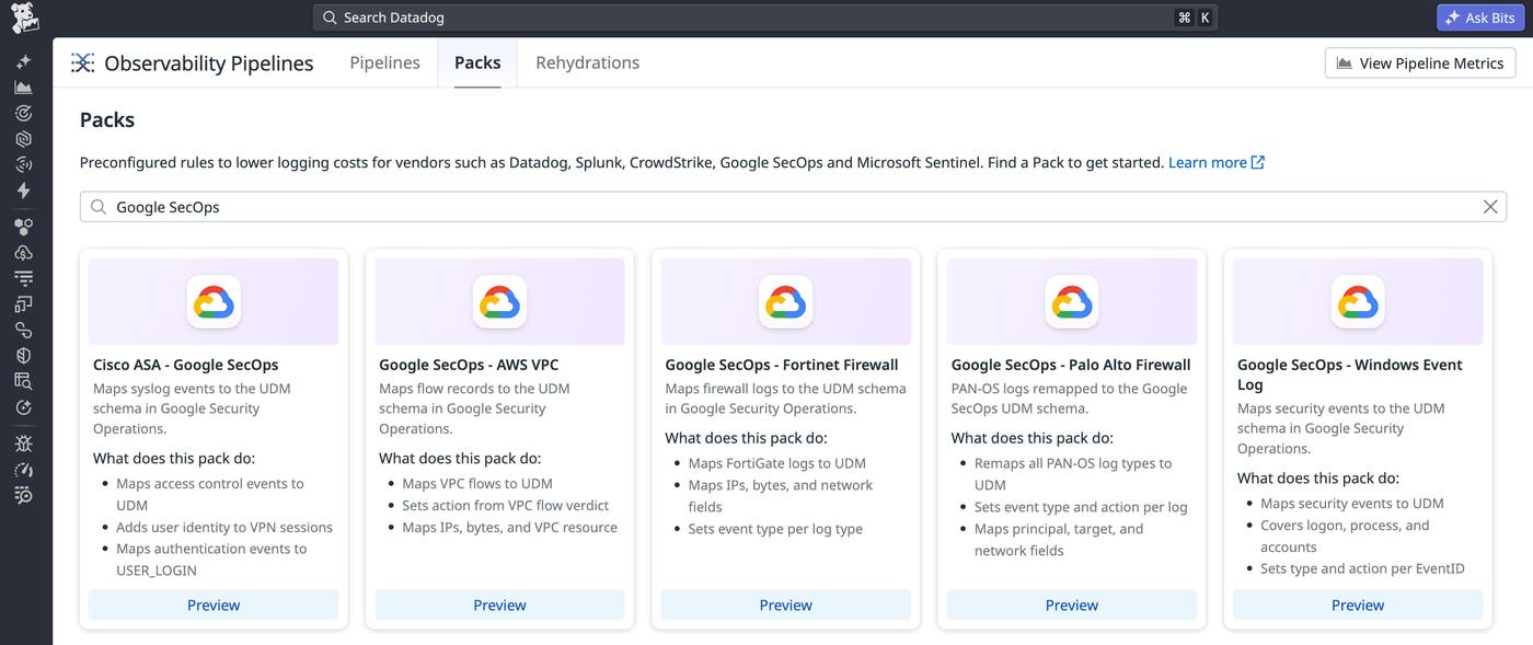 Packs gallery showing available Google SecOps normalization packs for supported log sources. Packs gallery showing available Google SecOps normalization packs for supported log sources.
