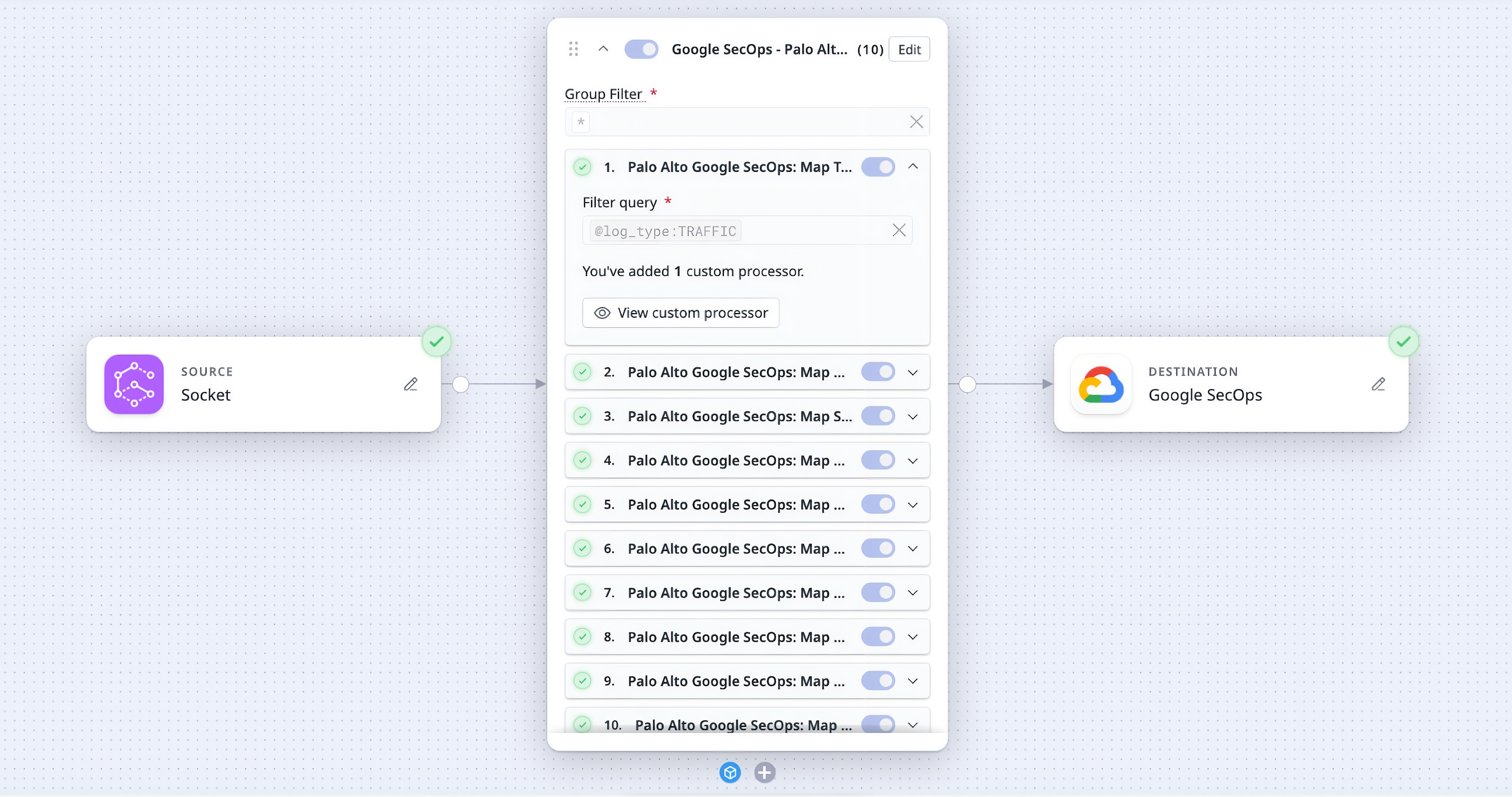 Observability Pipeline applying a Palo Alto Google SecOps pack before routing logs.
