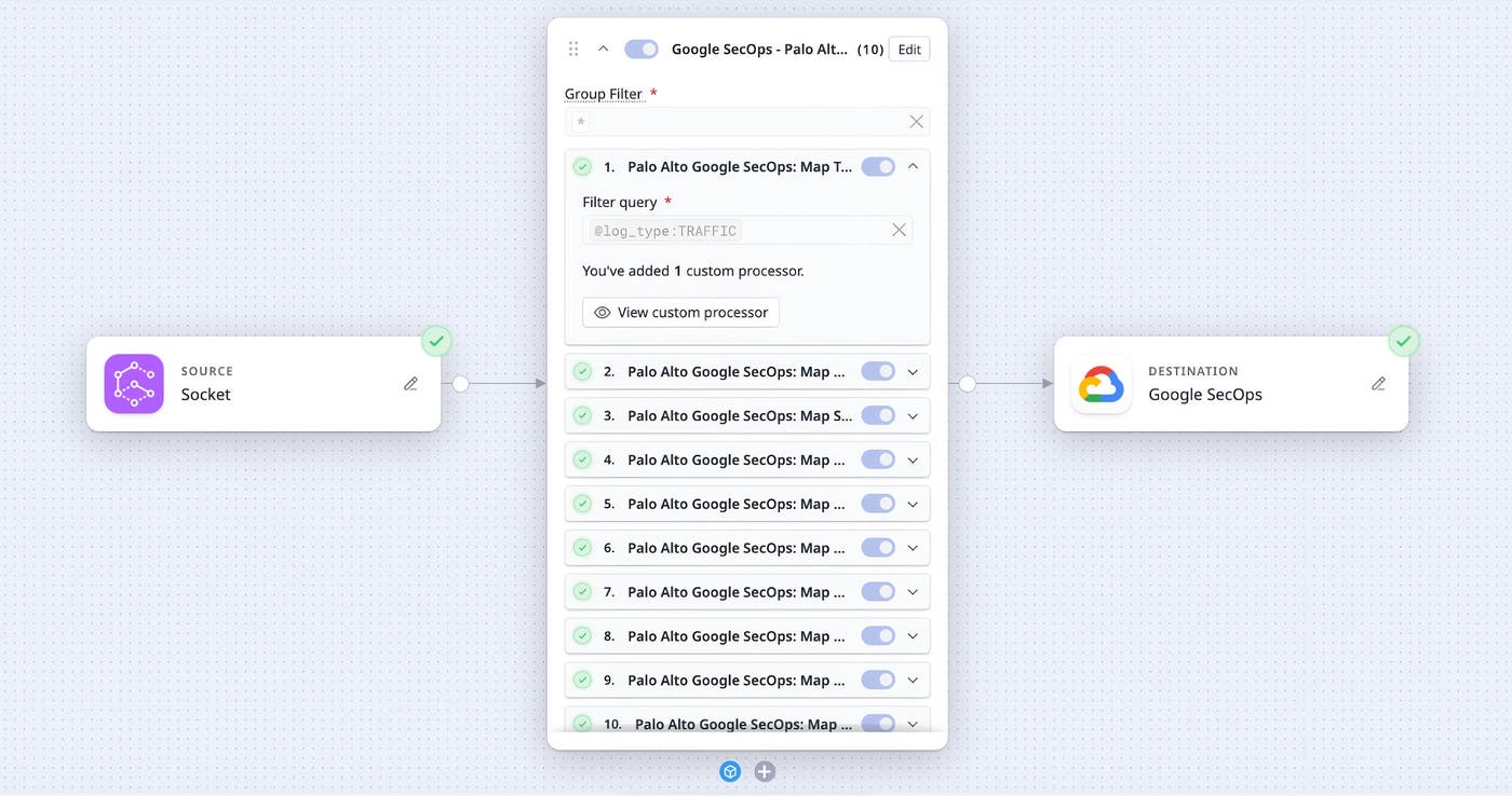 Observability Pipeline applying a Palo Alto Google SecOps pack before routing logs. Observability Pipeline applying a Palo Alto Google SecOps pack before routing logs.