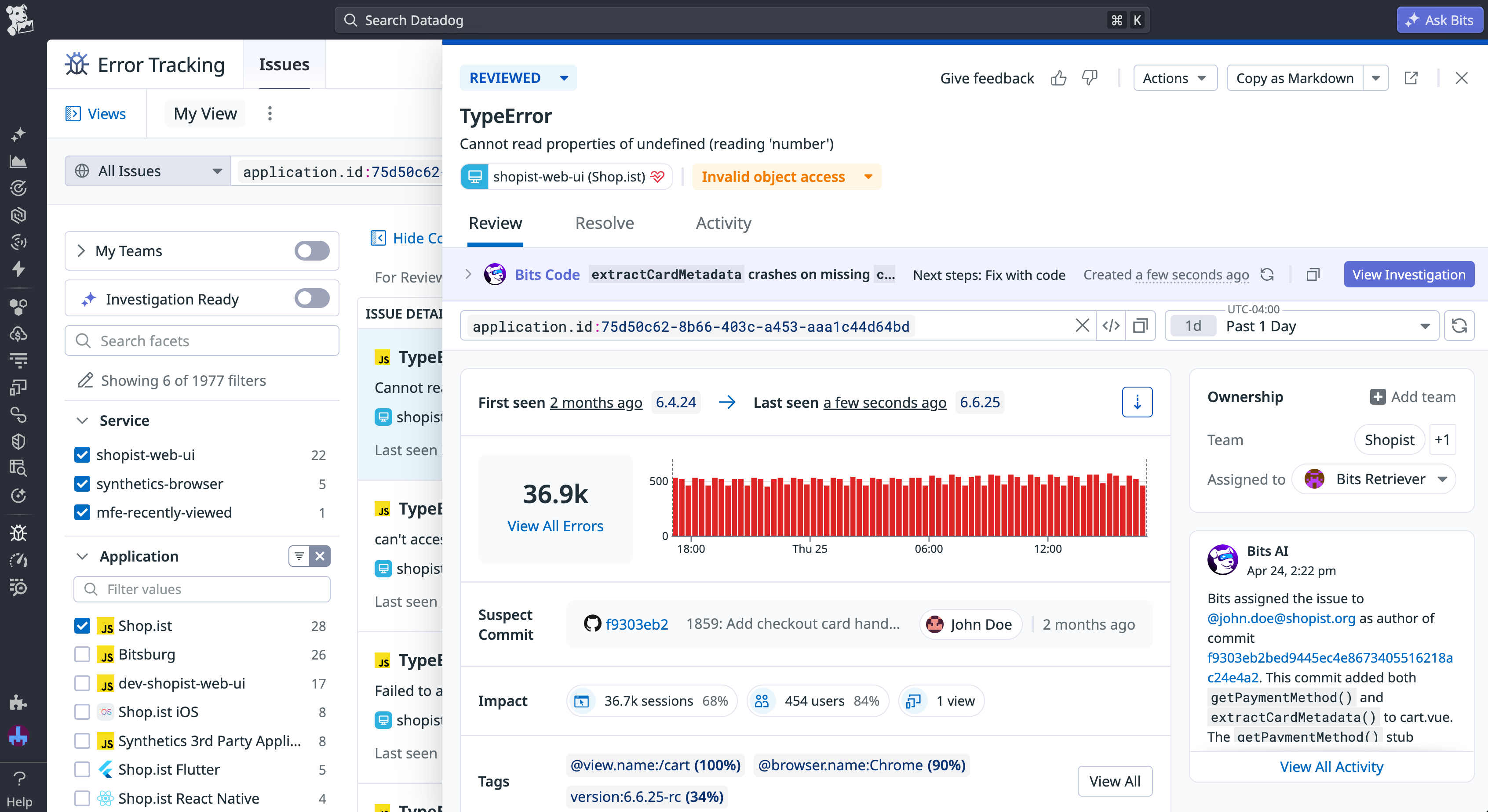 A Datadog Error Tracking issue showing user and session context automatically gathered from RUM data.