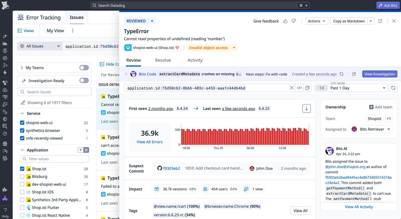 A Datadog Error Tracking issue showing user and session context automatically gathered from RUM data. A Datadog Error Tracking issue showing user and session context automatically gathered from RUM data.