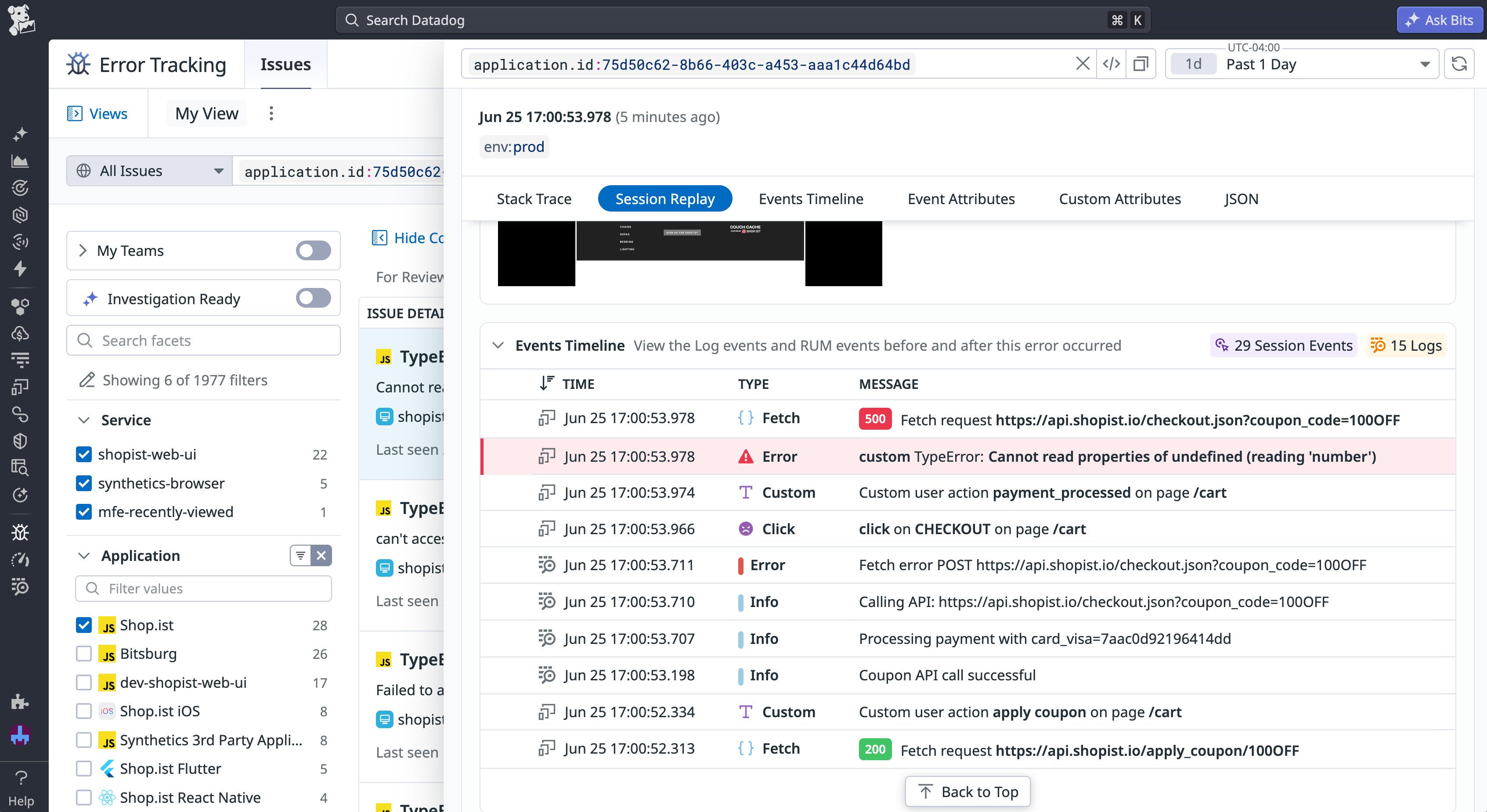 An event timeline in Datadog Error Tracking, with error-triggering user actions highlighted for root cause analysis.