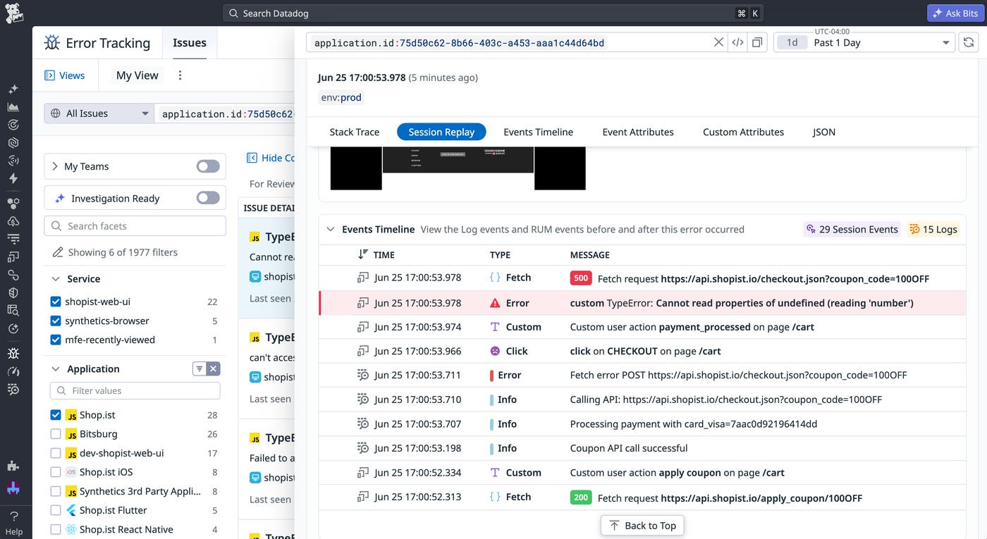 An event timeline in Datadog Error Tracking, with error-triggering user actions highlighted for root cause analysis. An event timeline in Datadog Error Tracking, with error-triggering user actions highlighted for root cause analysis.