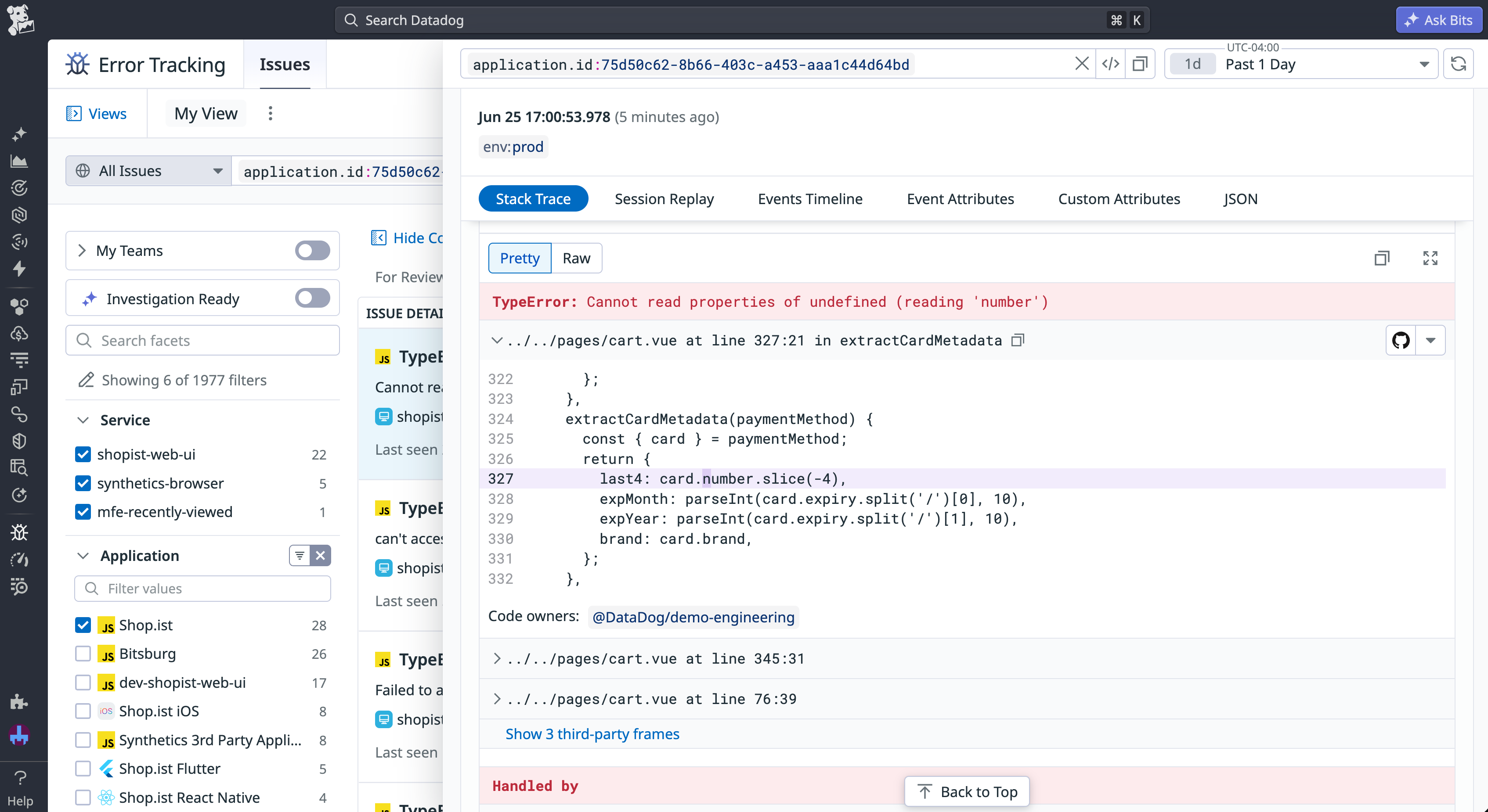 A unminified stack trace in Datadog Error Tracking. The line of code that caused the error is highlighted to accelerate debugging.