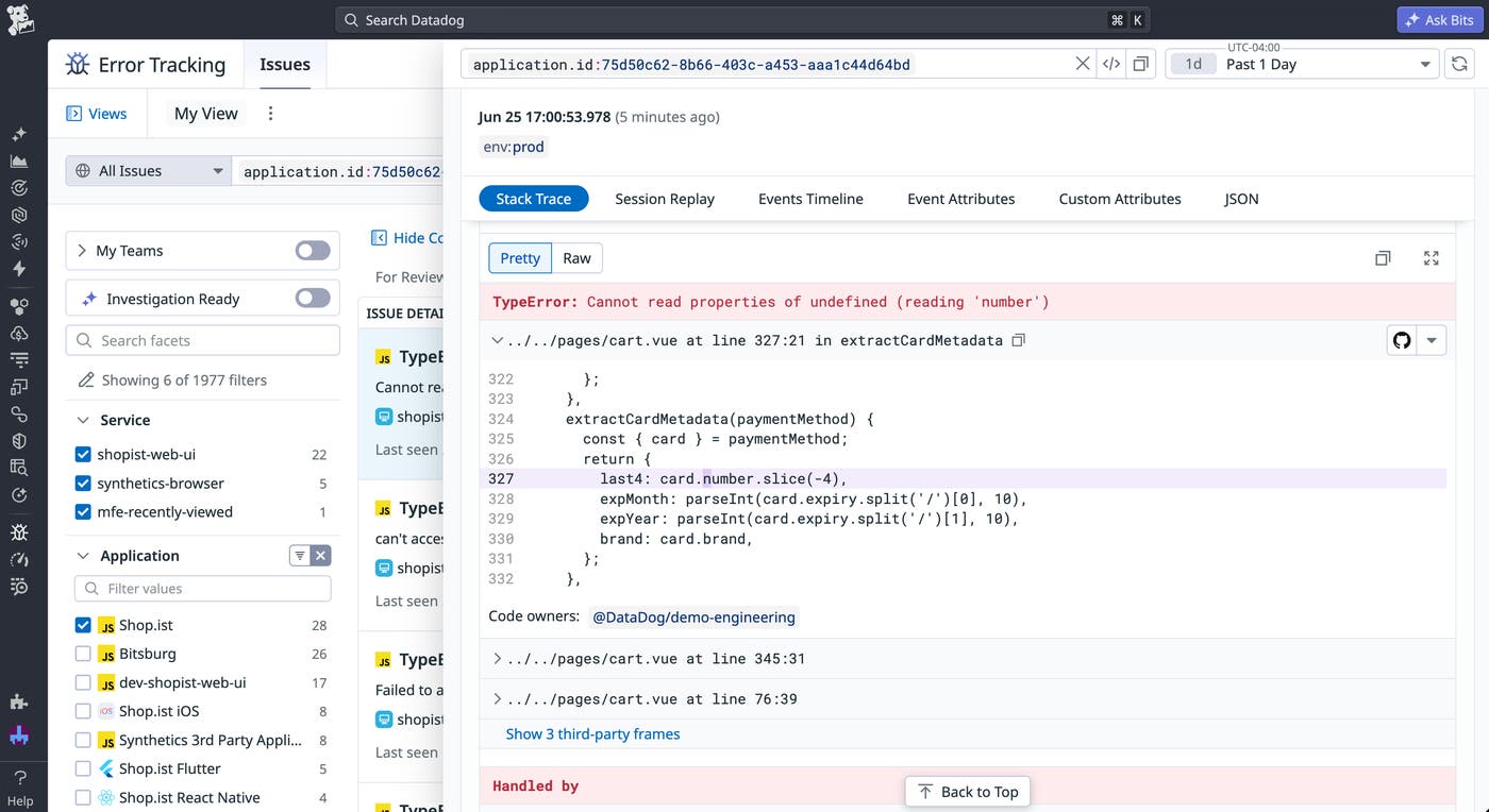 A unminified stack trace in Datadog Error Tracking. The line of code that caused the error is highlighted to accelerate debugging. A unminified stack trace in Datadog Error Tracking. The line of code that caused the error is highlighted to accelerate debugging.