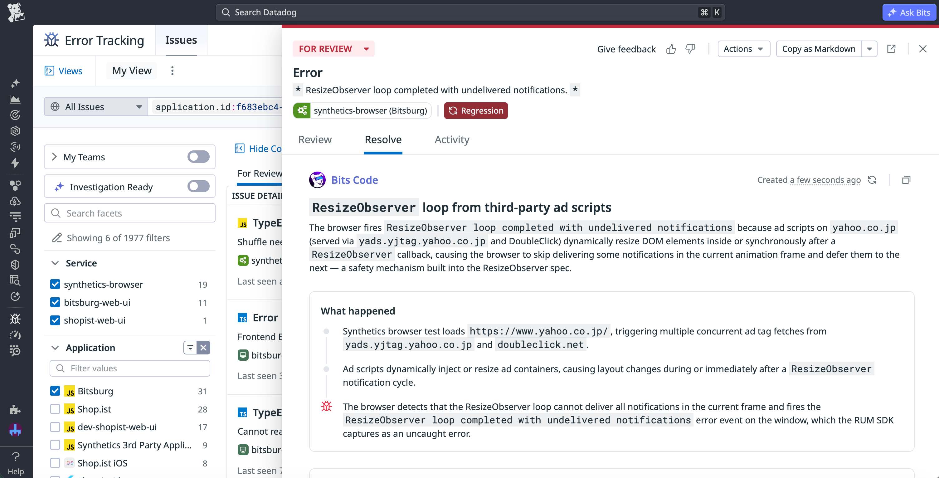 A Bits Code AI investigation summary of a React error, including the root cause analysis and a suggested code fix.