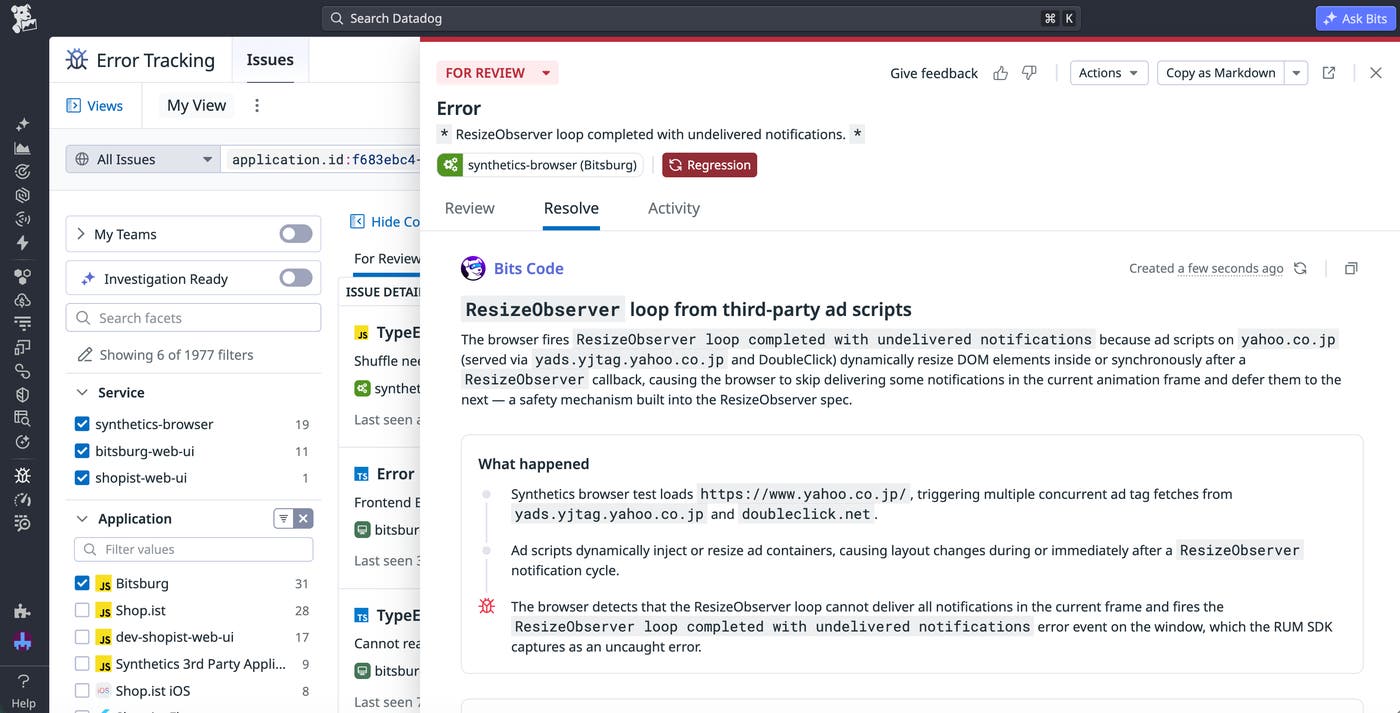 A Bits Code AI investigation summary of a React error, including the root cause analysis and a suggested code fix. A Bits Code AI investigation summary of a React error, including the root cause analysis and a suggested code fix.