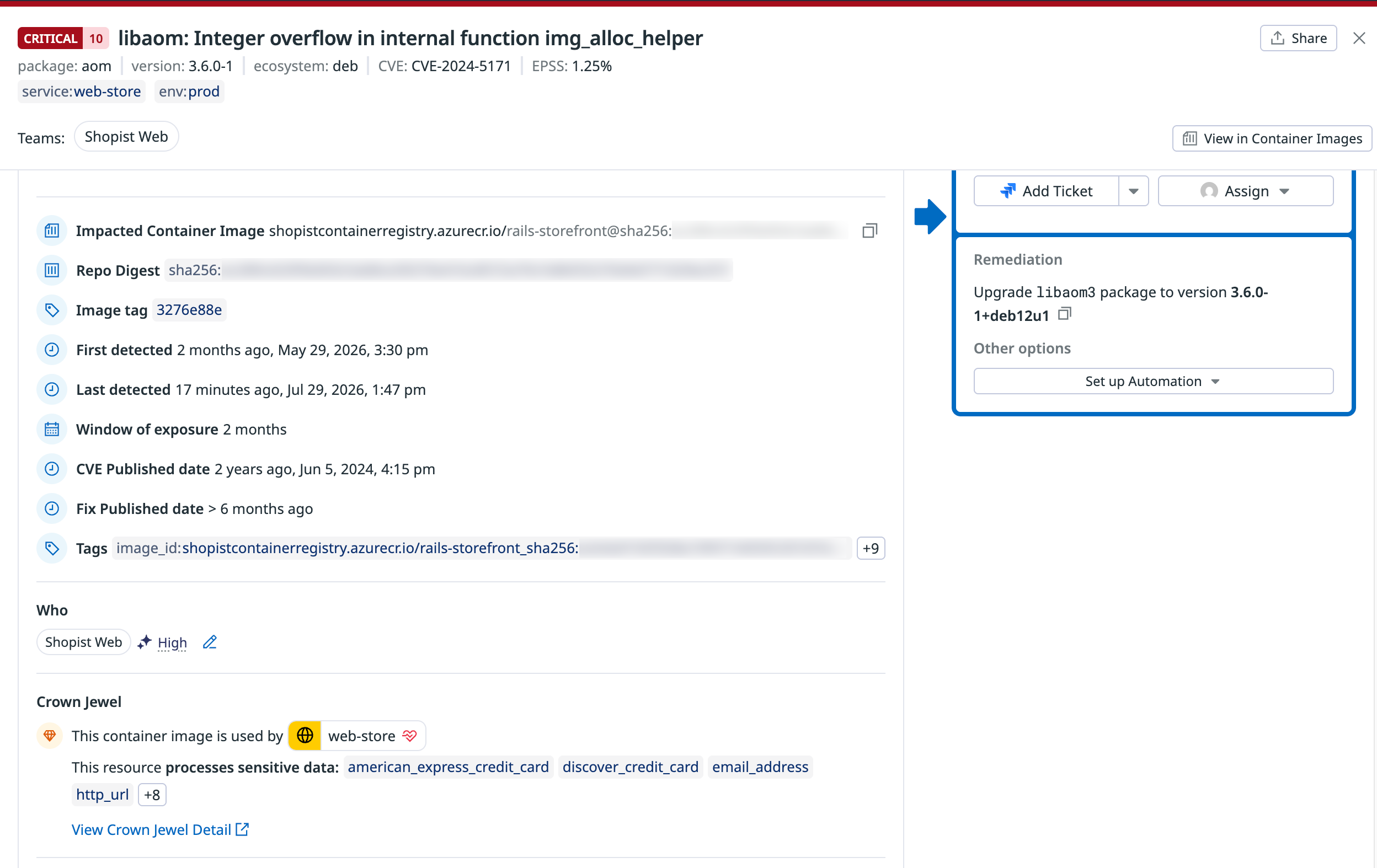 A finding in Datadog Cloud Security that identifies the Shopist Web team as the owner and specifies that the container image is a crown jewel.