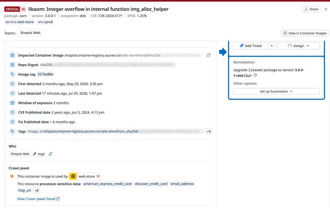 A finding in Datadog Cloud Security that identifies the Shopist Web team as the owner and specifies that the container image is a crown jewel. A finding in Datadog Cloud Security that identifies the Shopist Web team as the owner and specifies that the container image is a crown jewel.