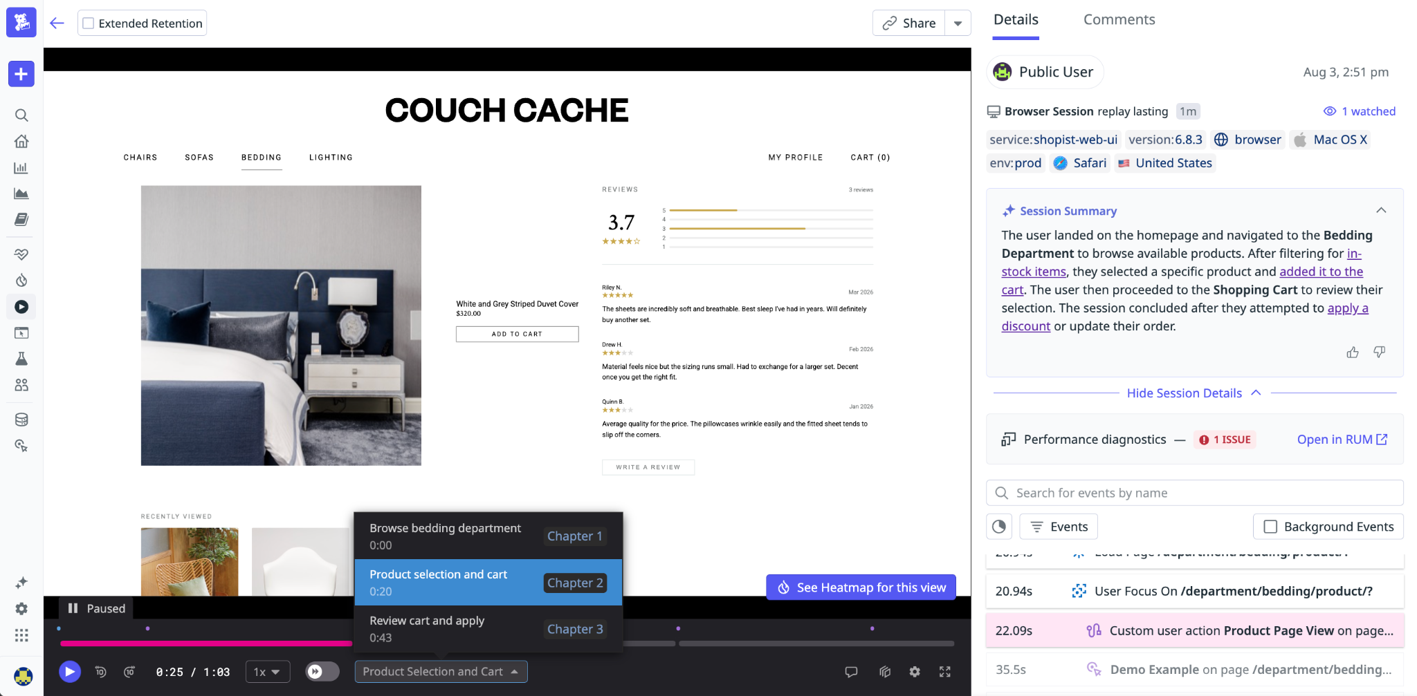 AI session summary and smart chapters dropdown in the Session Replay player, breaking a user journey into labeled stages.