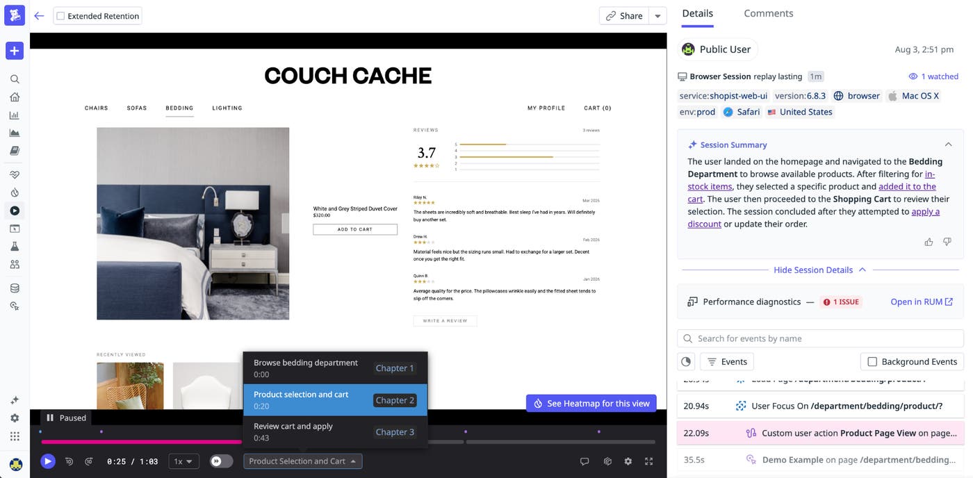 AI session summary and smart chapters dropdown in the Session Replay player, breaking a user journey into labeled stages. AI session summary and smart chapters dropdown in the Session Replay player, breaking a user journey into labeled stages.