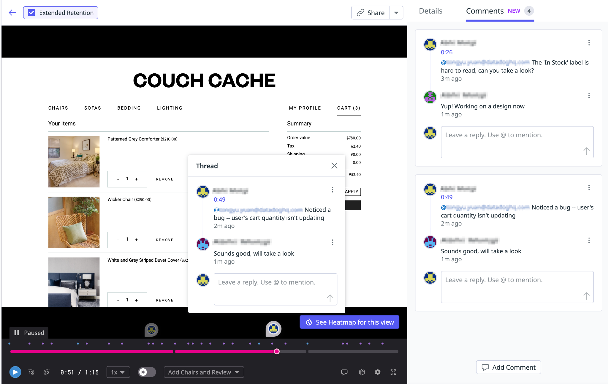 Session Replay player with a timestamped comment thread pinned to a flagged bug at a specific moment in the replay.