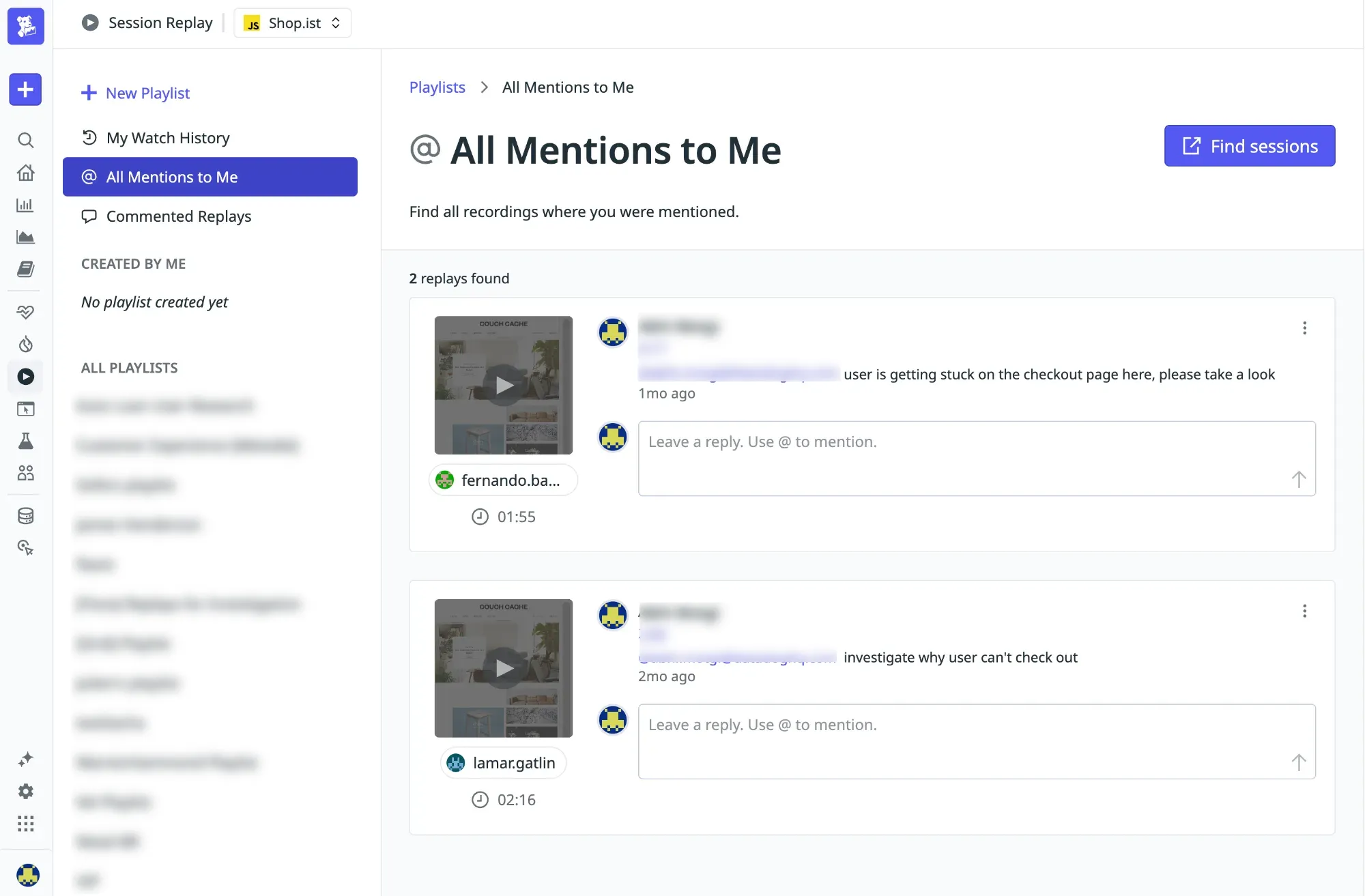 The “All Mentions to Me” default playlist listing session replays where the user was tagged in a comment.