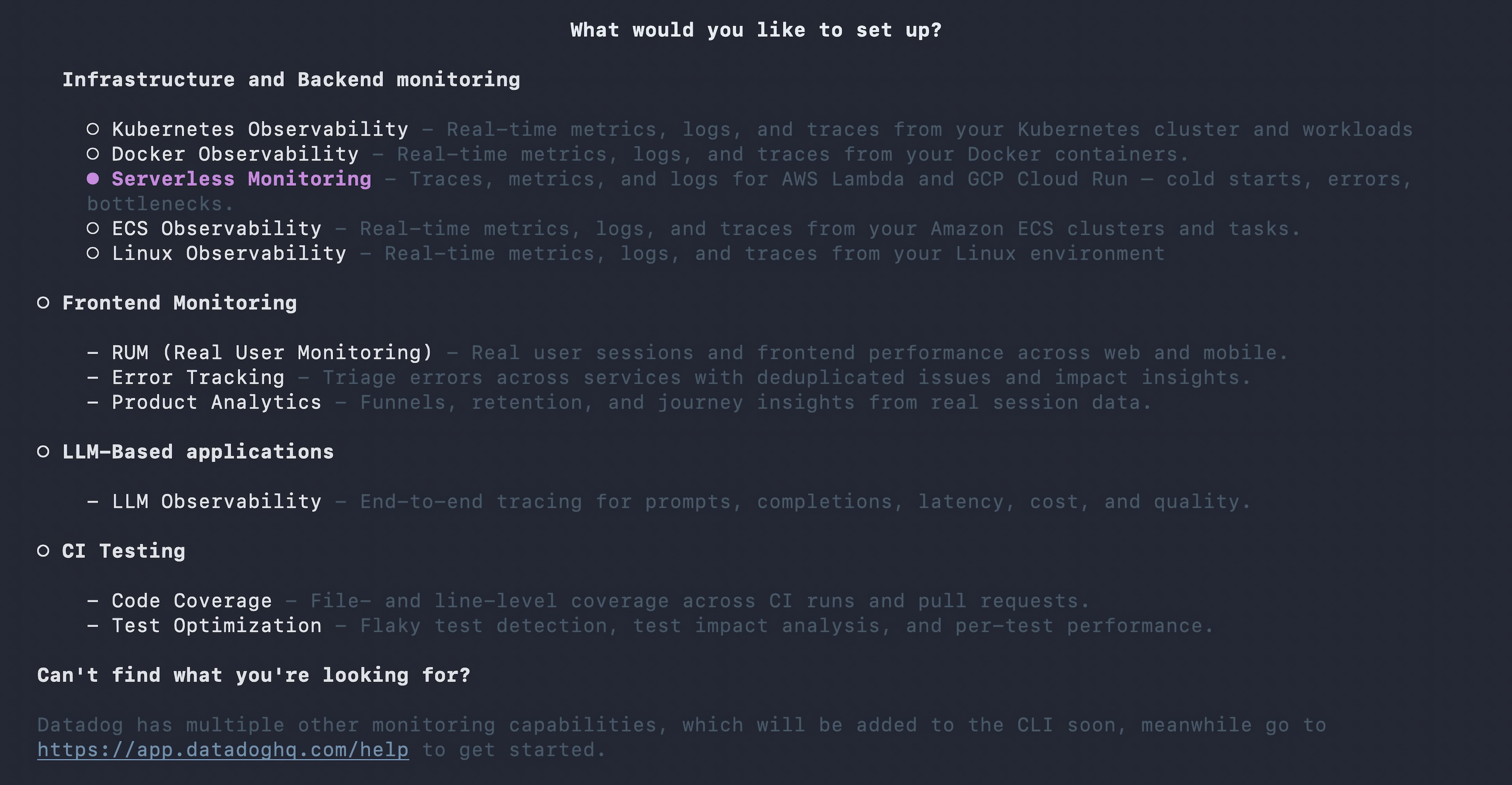 AI Setup CLI menu with Serverless Monitoring selected as the onboarding target.