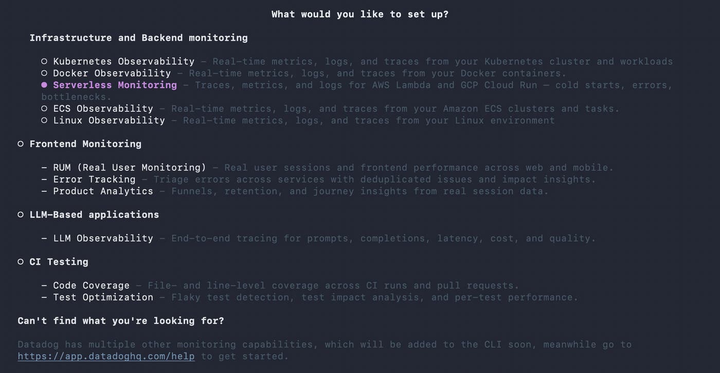 AI Setup CLI menu with Serverless Monitoring selected as the onboarding target. AI Setup CLI menu with Serverless Monitoring selected as the onboarding target.