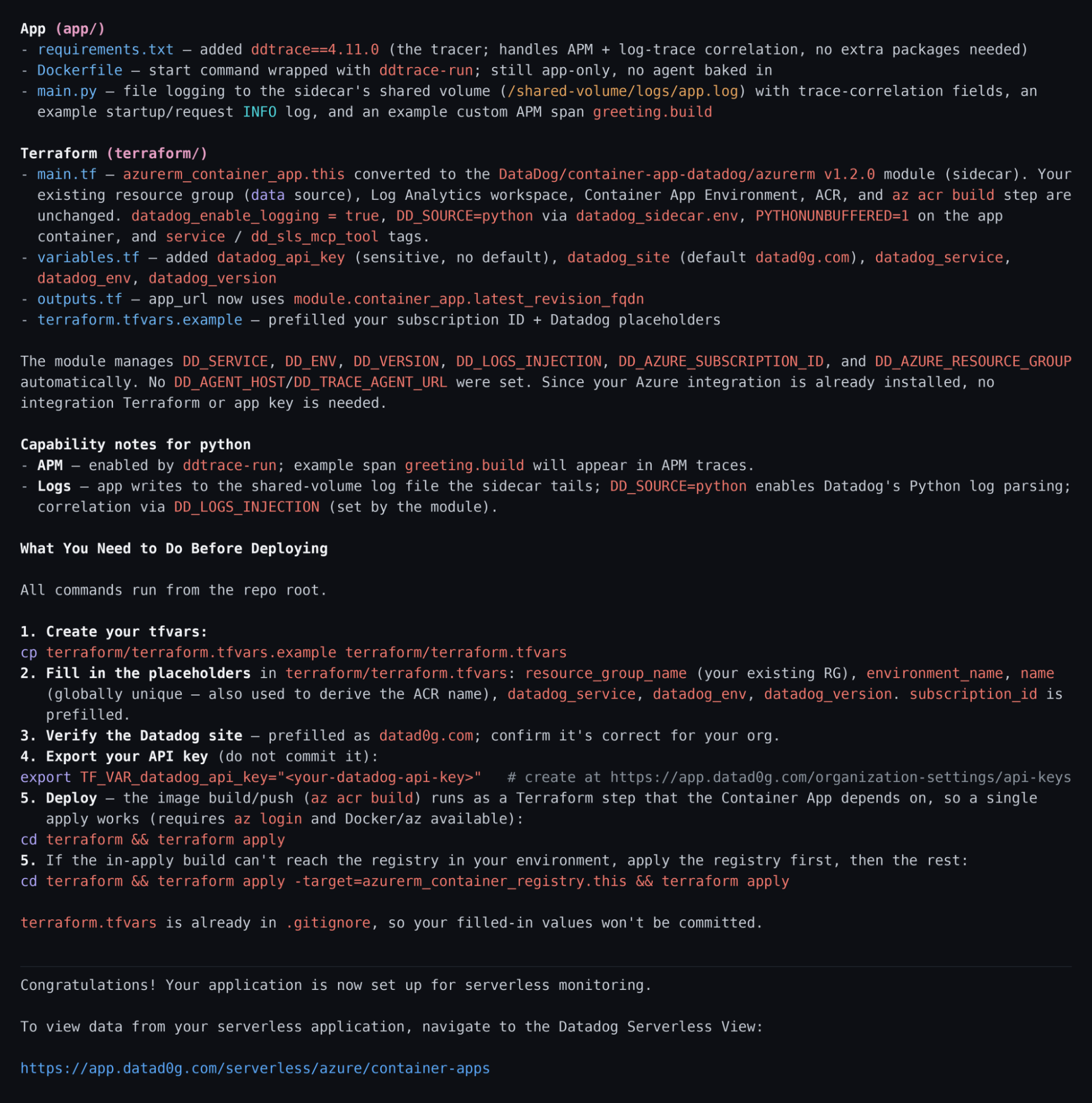 Generated Datadog instrumentation changes for a Python Azure Container Apps project, including application, Terraform, logging, tracing, and deployment configuration.