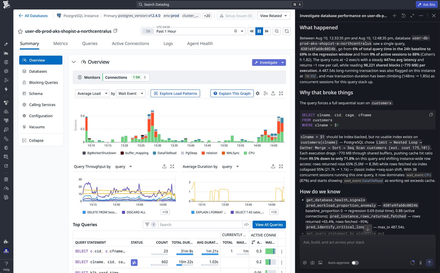 Bits Chat identifying a sequential scan caused by a missing index as the root cause of a database query latency regression. Bits Chat identifying a sequential scan caused by a missing index as the root cause of a database query latency regression.