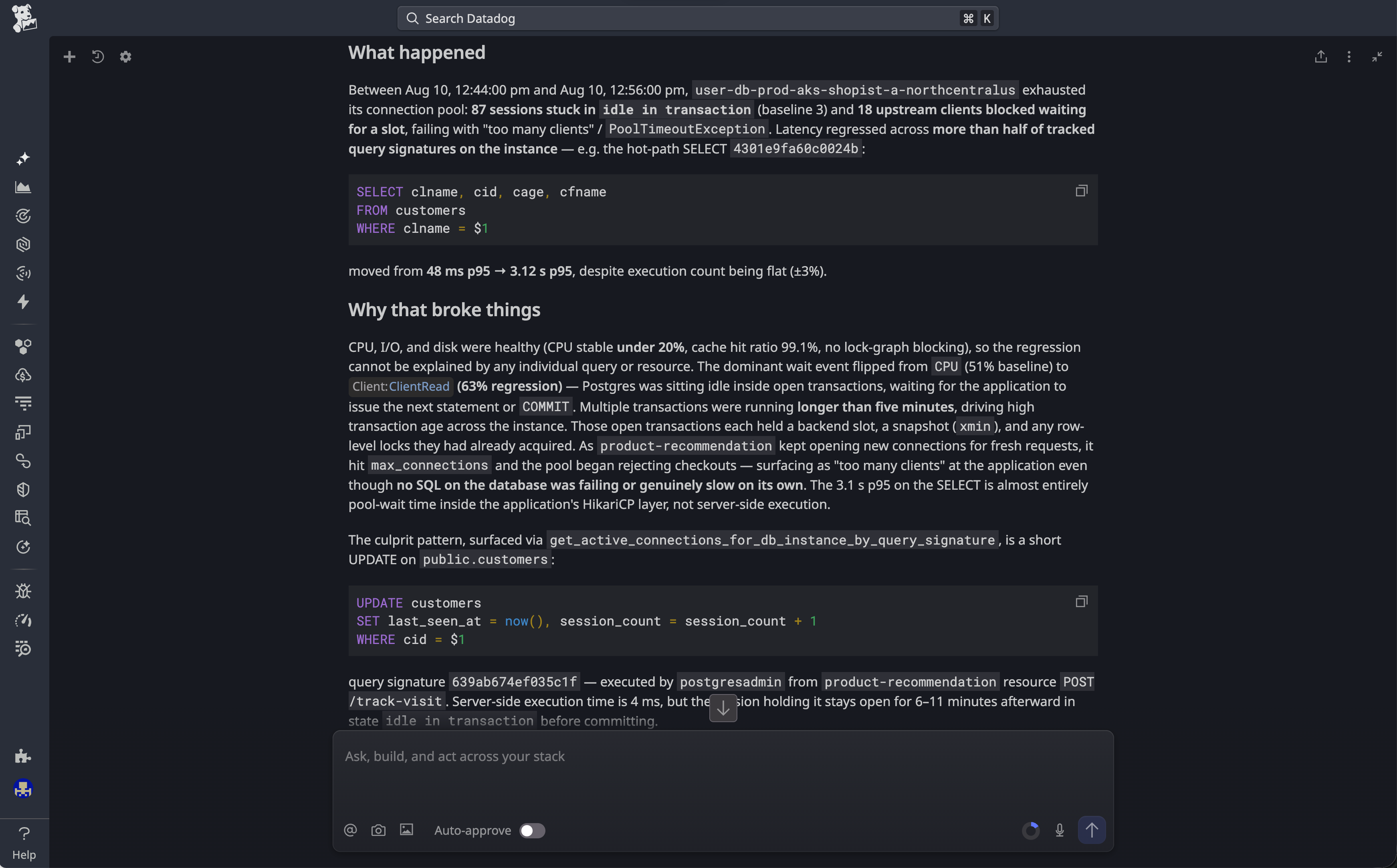 Bits Chat identifying idle transactions and blocked connections as the cause of connection pool exhaustion.
