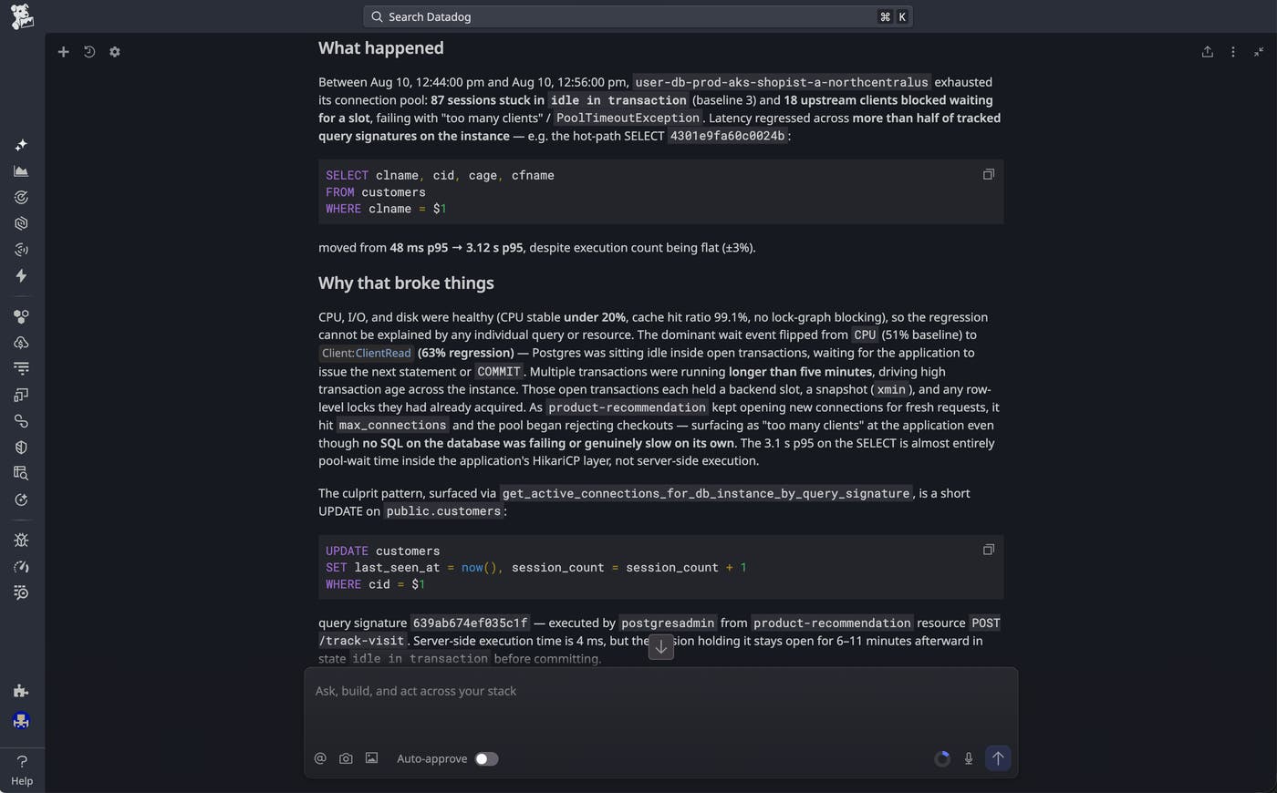 Bits Chat identifying idle transactions and blocked connections as the cause of connection pool exhaustion. Bits Chat identifying idle transactions and blocked connections as the cause of connection pool exhaustion.