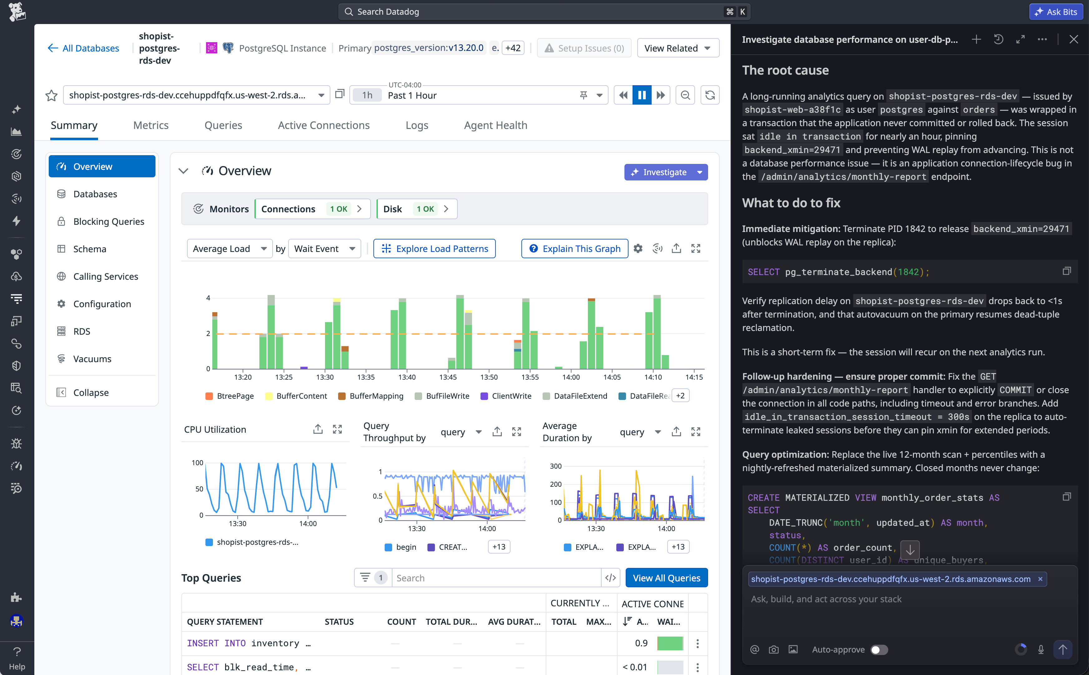 Bits Chat identifying a long-running transaction as the root cause of replication lag and recommending remediation steps.