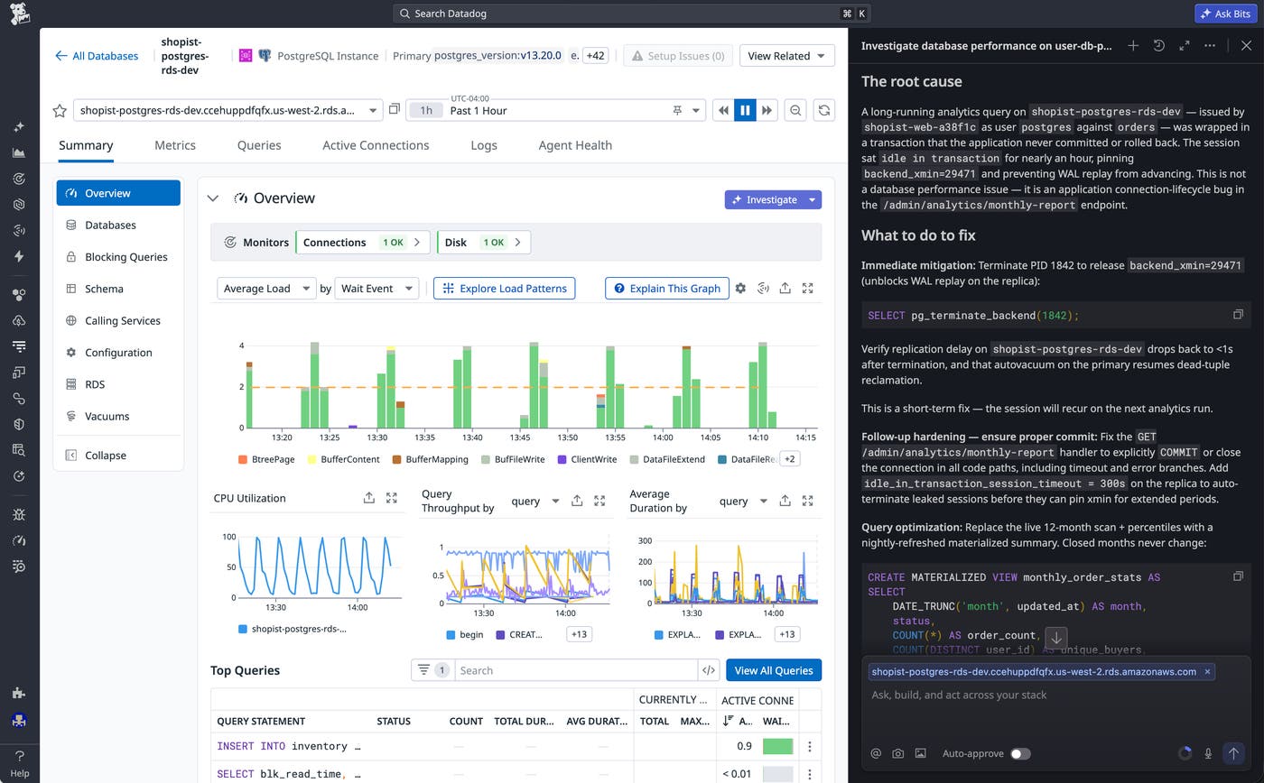 Bits Chat identifying a long-running transaction as the root cause of replication lag and recommending remediation steps. Bits Chat identifying a long-running transaction as the root cause of replication lag and recommending remediation steps.