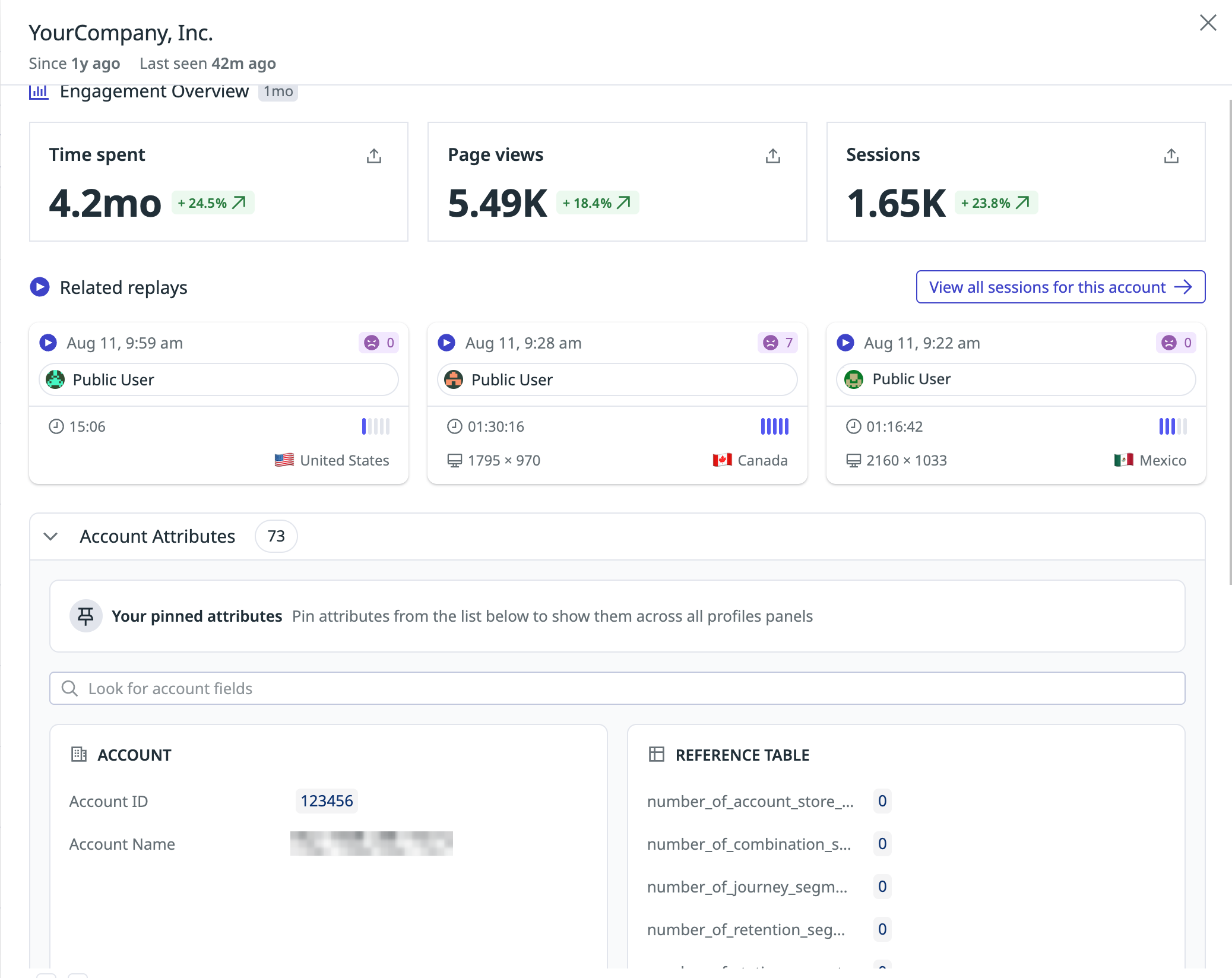 Screenshot of an account profile populated with engagement data and account attributes that include ARR, plan, renewal date, and CSM owner attributes. 