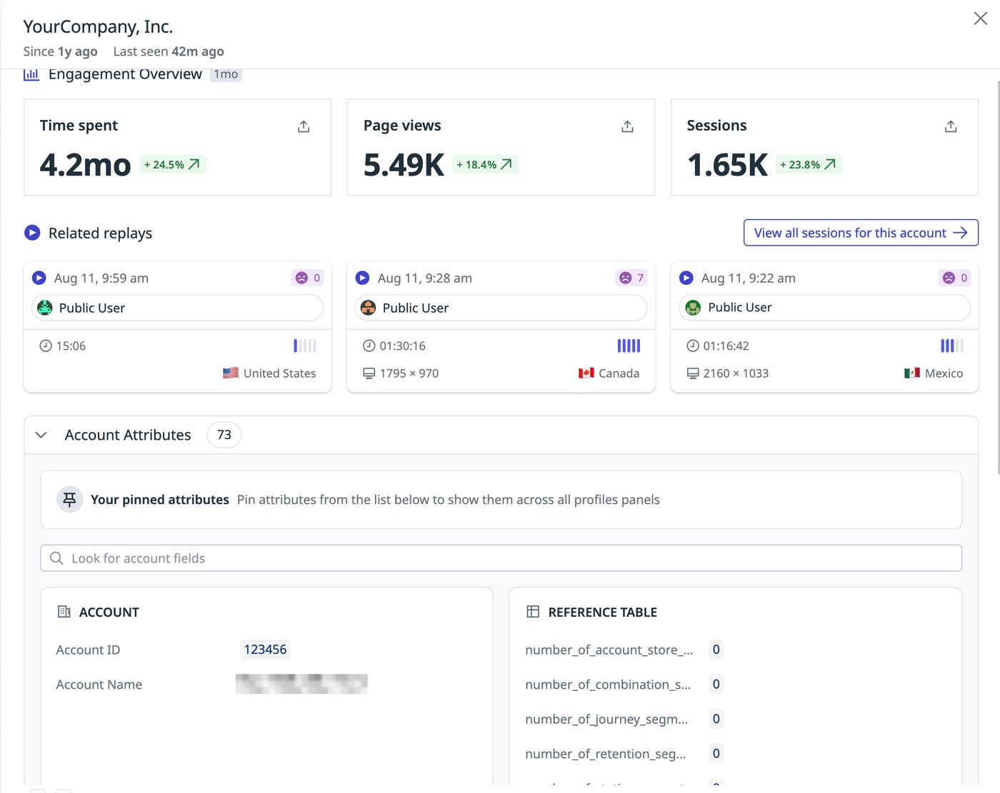 Screenshot of an account profile populated with engagement data and account attributes that include ARR, plan, renewal date, and CSM owner attributes.