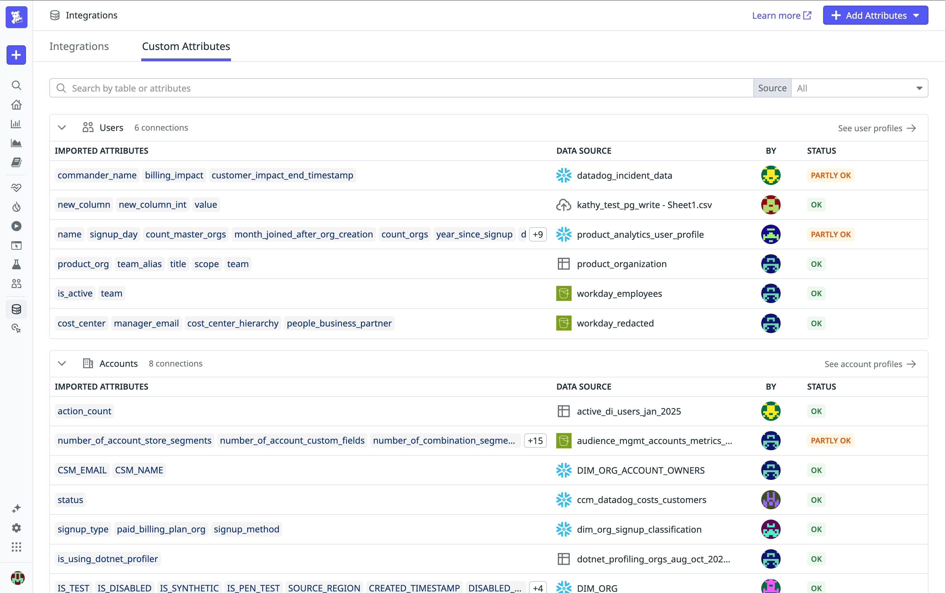 Screenshot of an account profile populated with custom account attributes that include billing impact, customer impact, number of account segments, and more. 