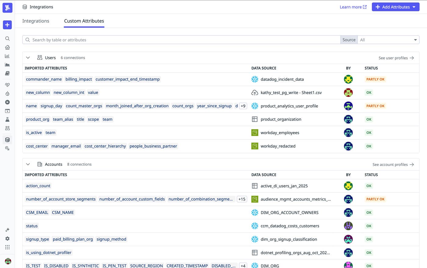 Screenshot of an account profile populated with custom account attributes that include billing impact, customer impact, number of account segments, and more.