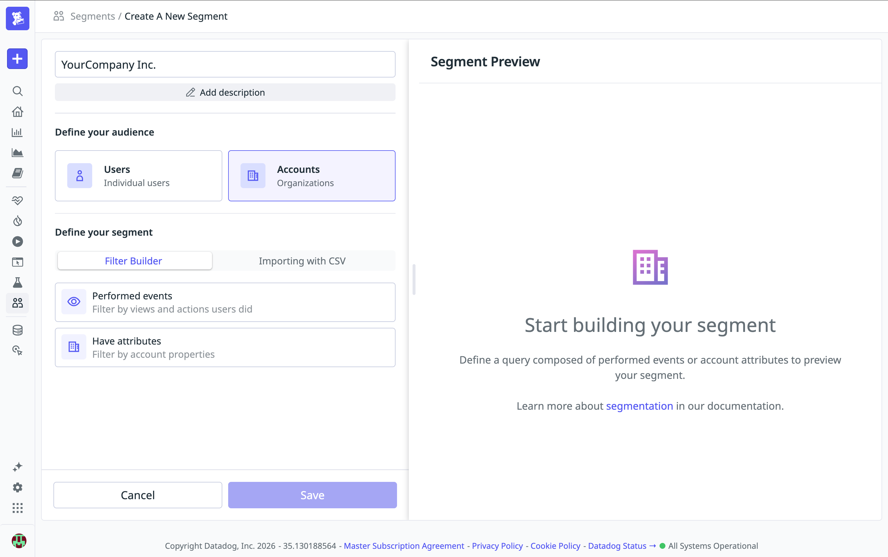 Screenshot of the account segment editor in Datadog Product Analytics.