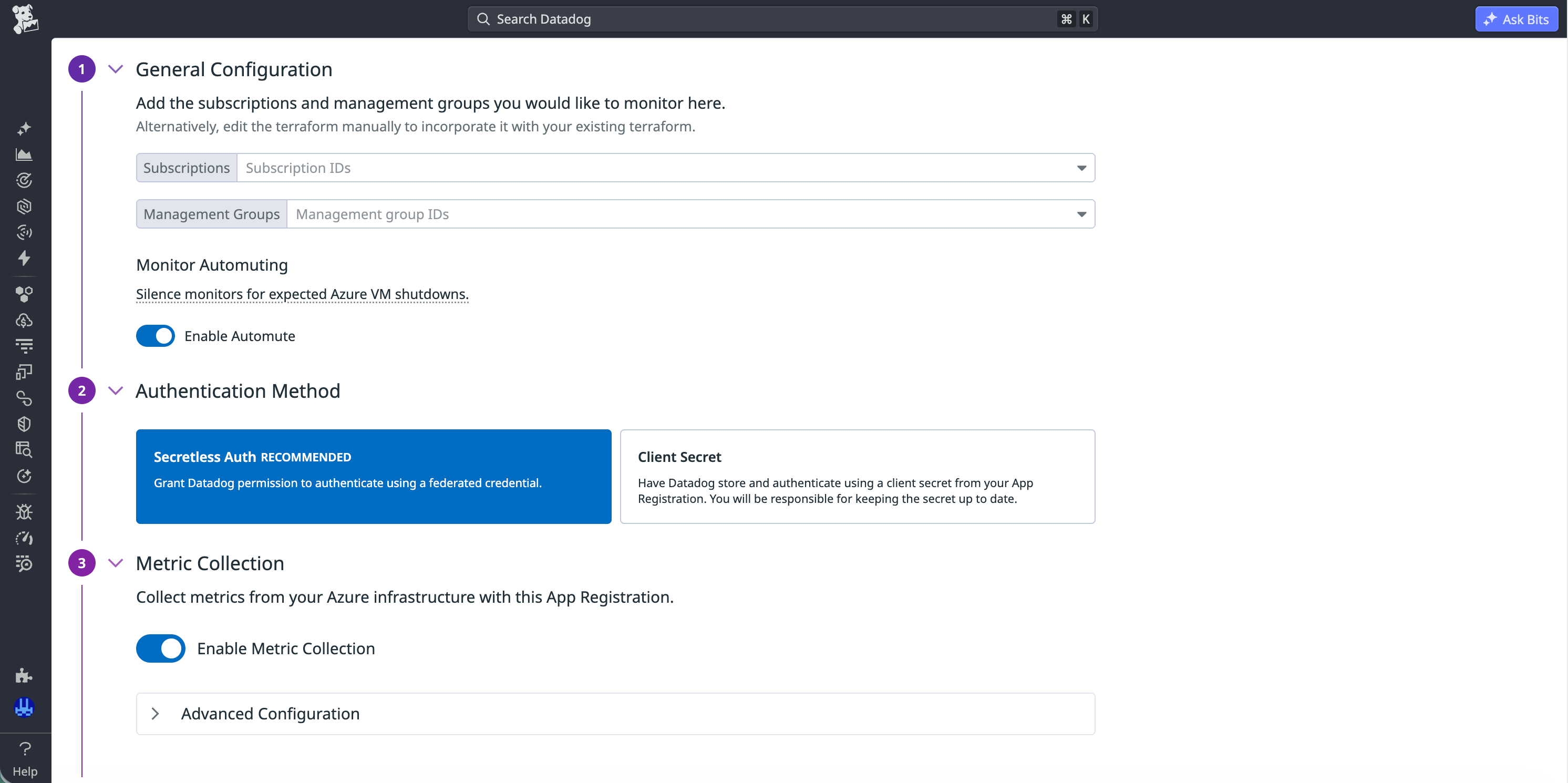 Azure integration setup screen with secretless authentication selected as the authentication method.