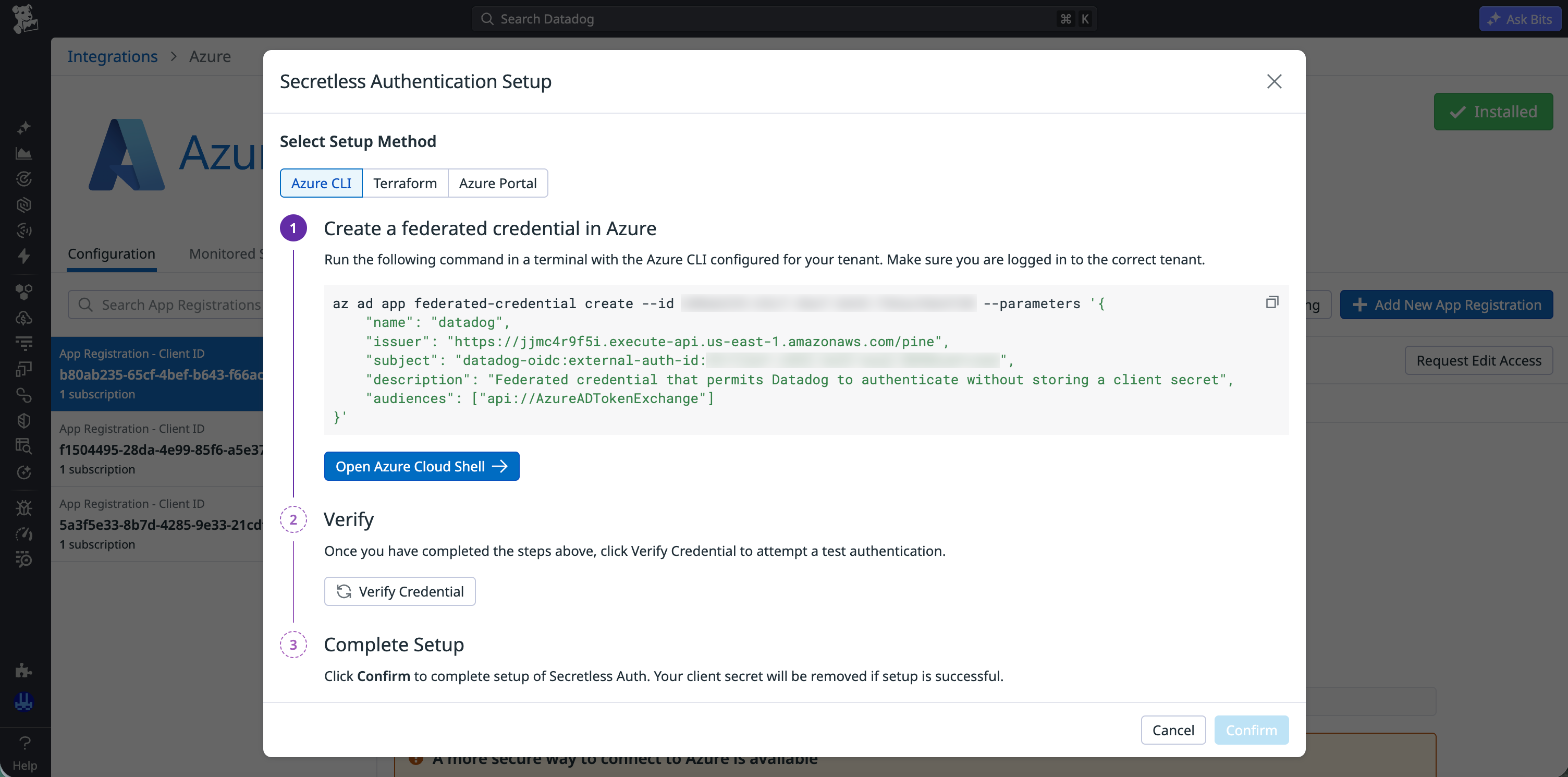 Secretless authentication setup screen showing the Azure CLI, Terraform, and Azure portal options with credential verification steps.