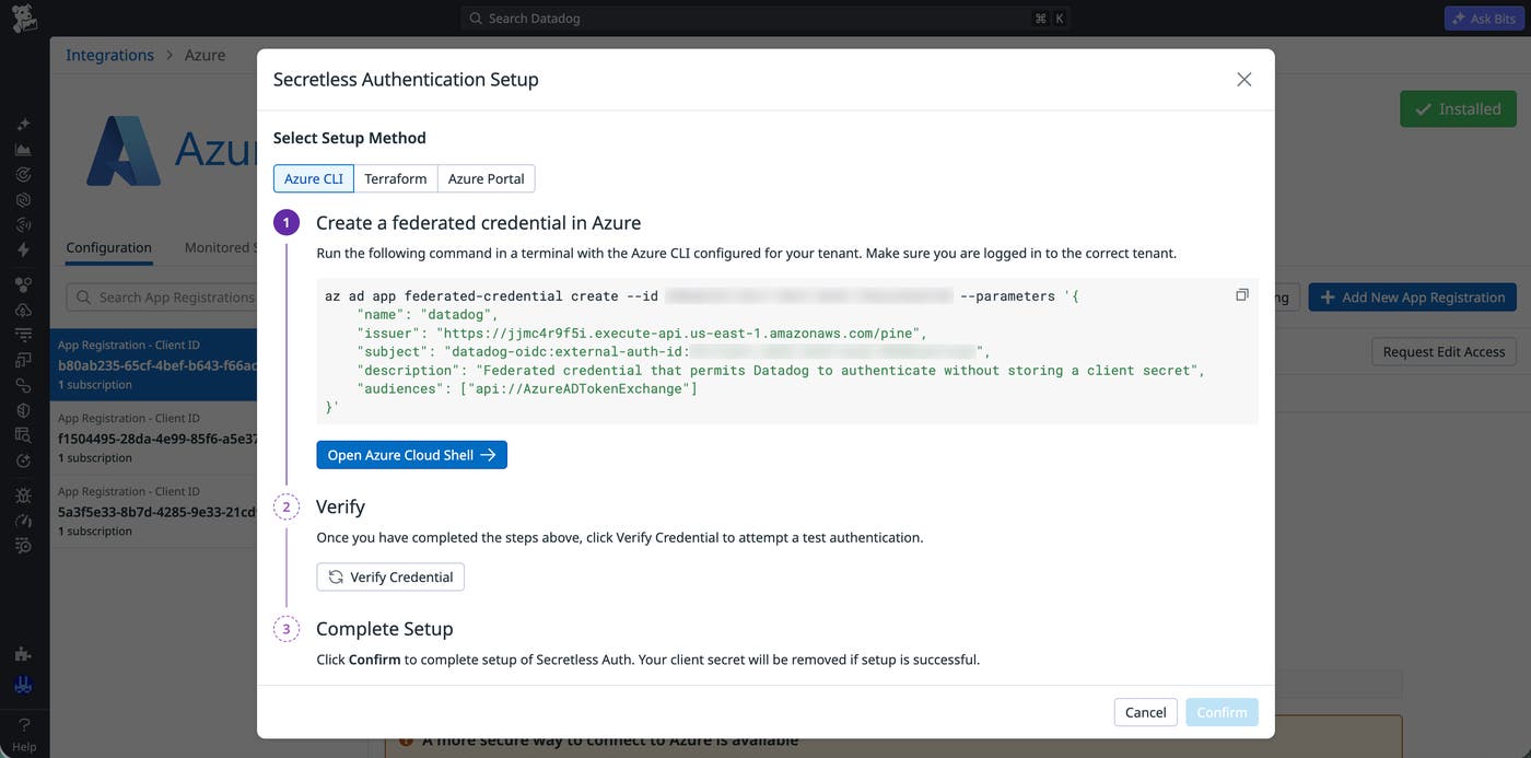 Secretless authentication setup screen showing the Azure CLI, Terraform, and Azure portal options with credential verification steps. Secretless authentication setup screen showing the Azure CLI, Terraform, and Azure portal options with credential verification steps.
