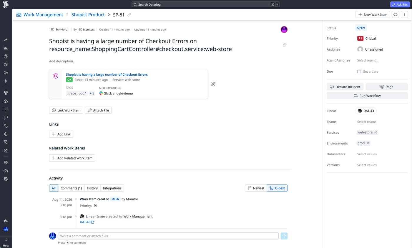 Work item containing monitor context and actions for paging an owner and declaring an incident. Work item containing monitor context and actions for paging an owner and declaring an incident.