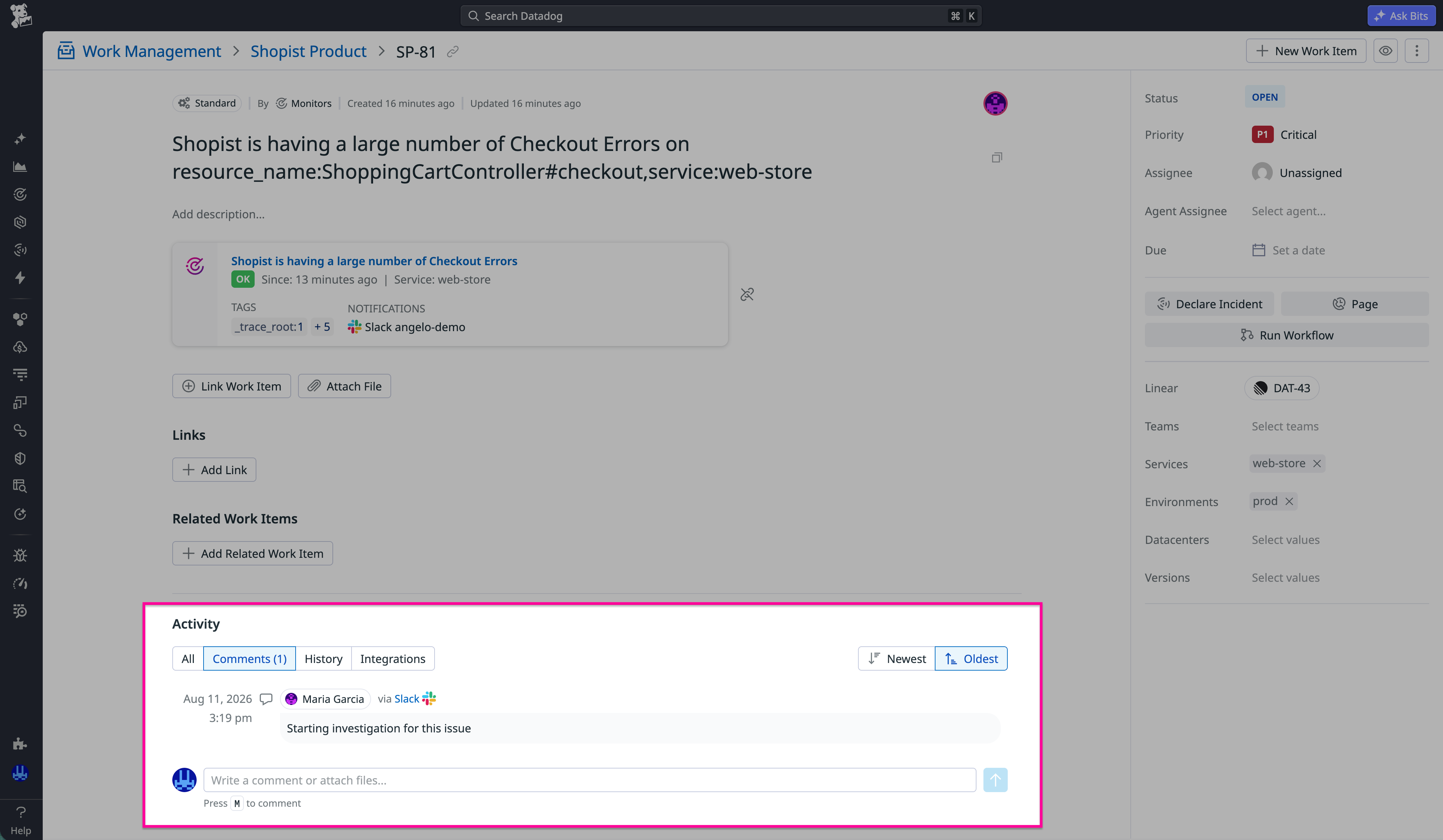 Work item activity timeline containing a message from a linked Slack investigation thread.