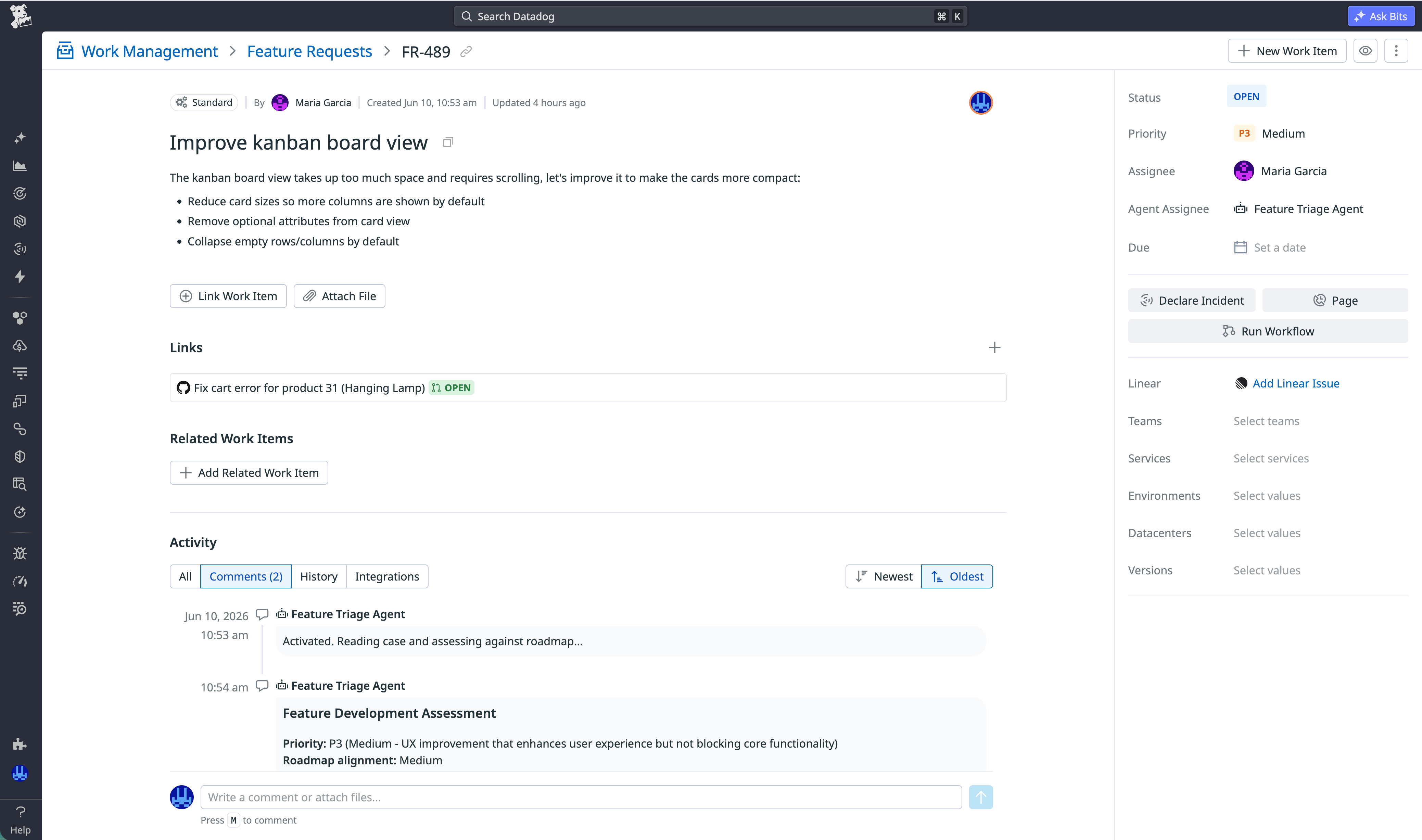 Feature-request work item with an assigned AI agent and a linked GitHub pull request.