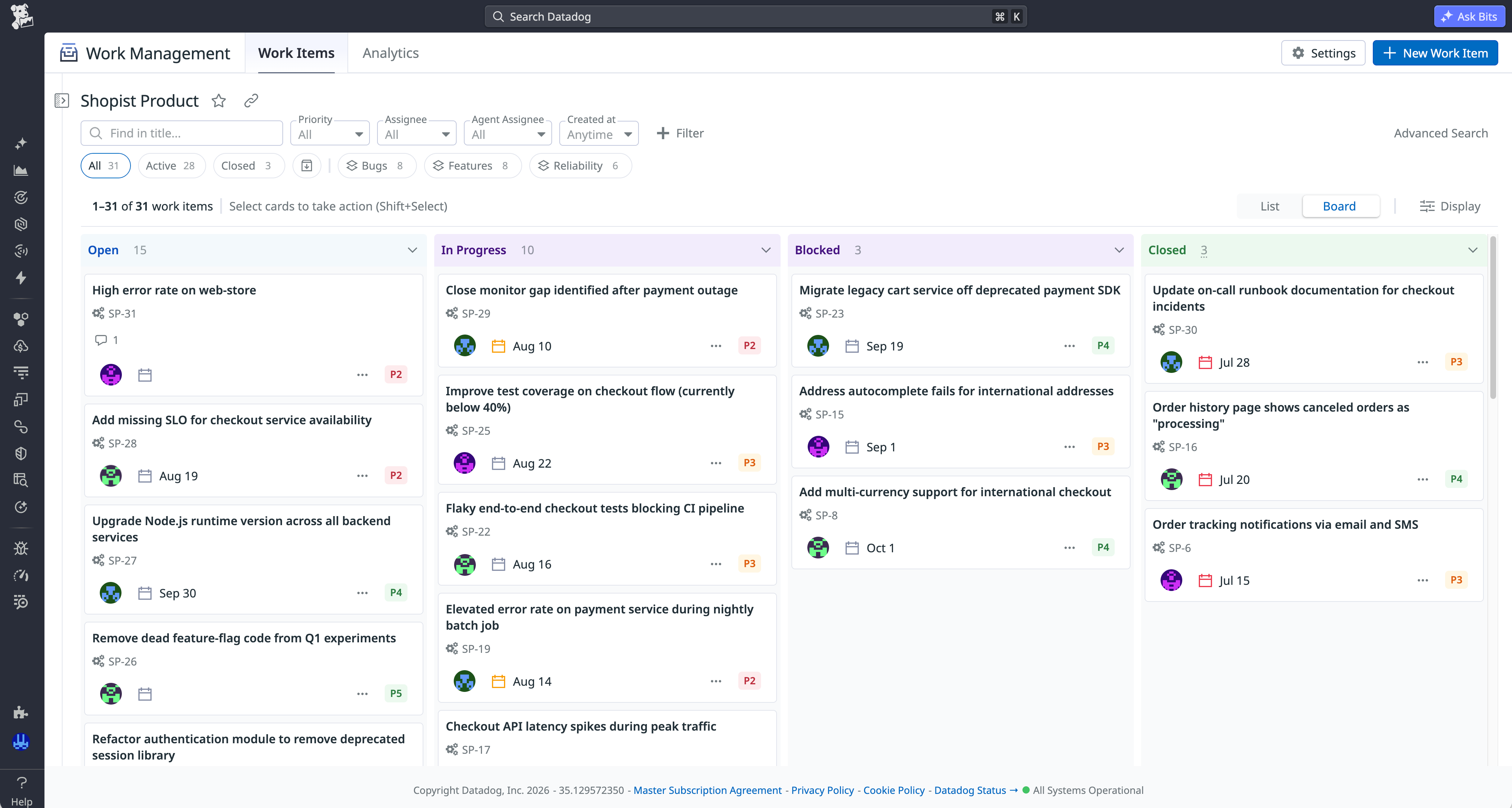 Datadog Work Management kanban board with saved views for bugs, feature requests, and other types of work items.