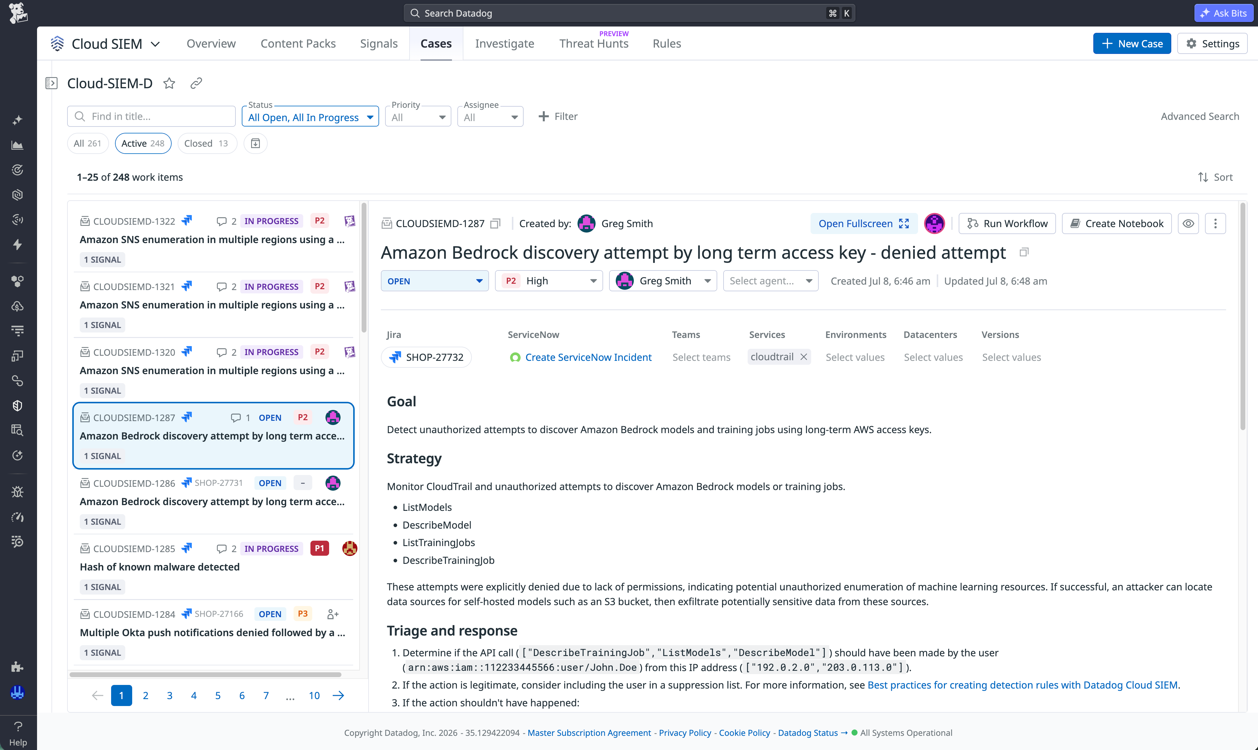Datadog Cloud SIEM security case containing ownership, status, severity, evidence, and linked signal context.