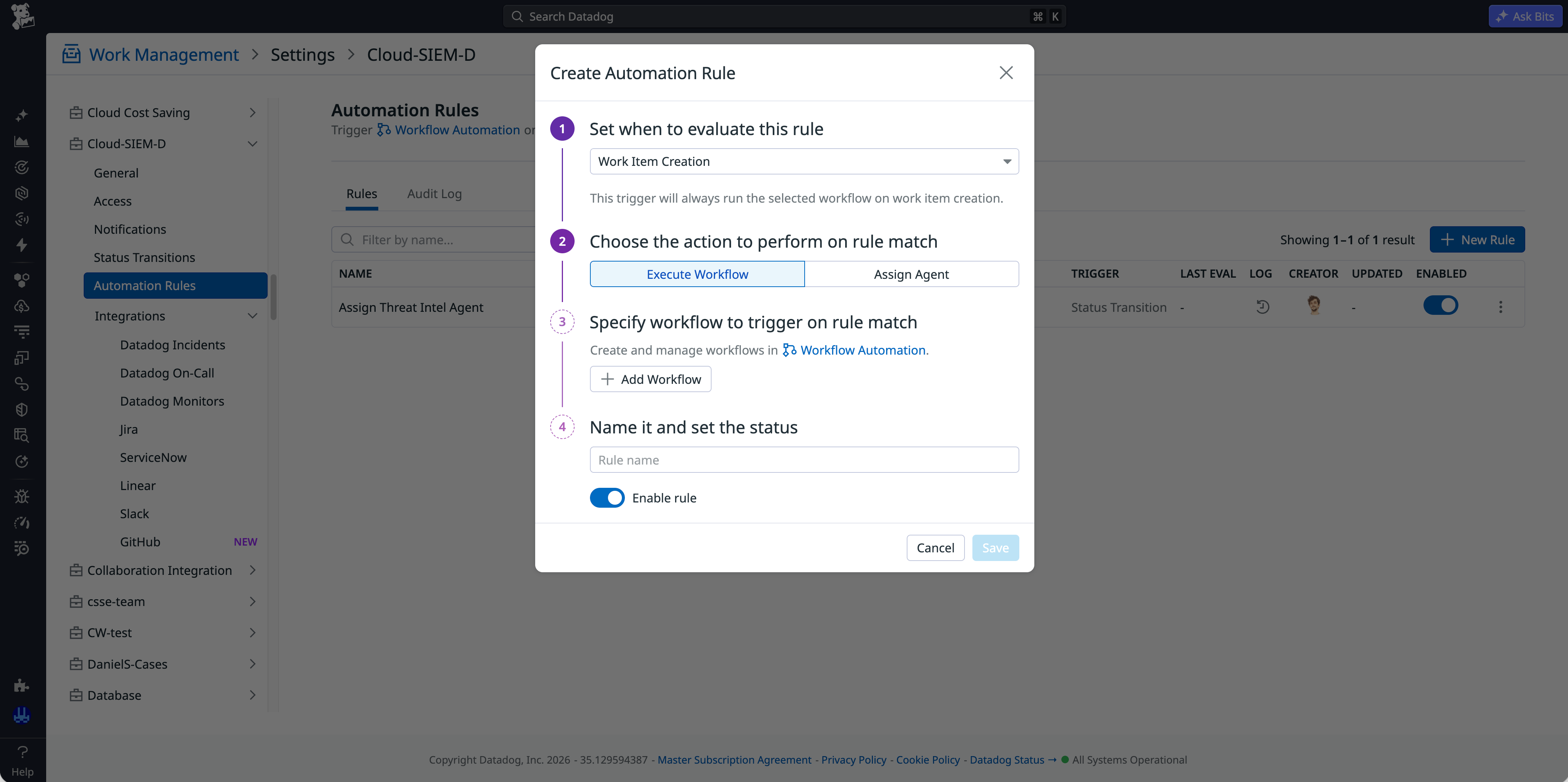 Screen in Datadog Work Management to create an automation rule to execute a workflow or assign an agent to a work item.
