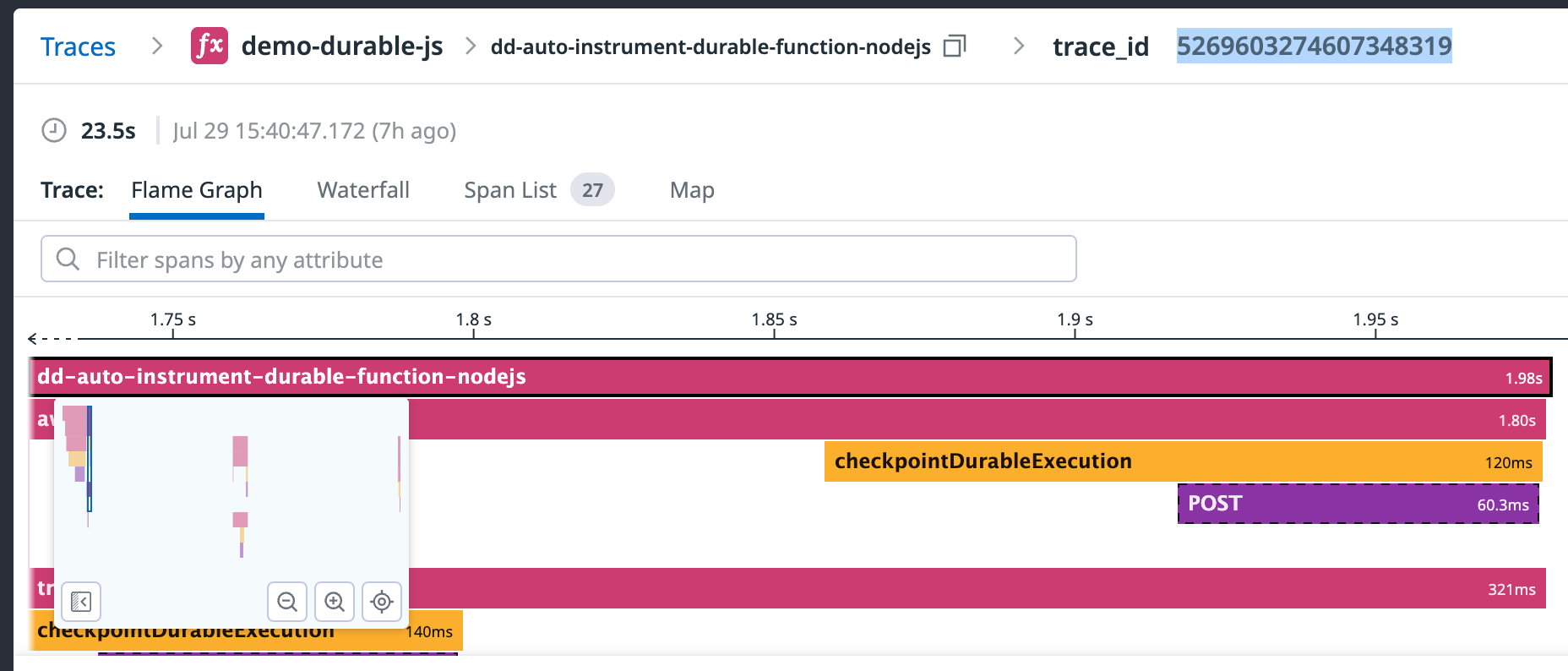 Datadog trace view opened with the trace ID copied from the AWS console, showing the matching execution in the flame graph.