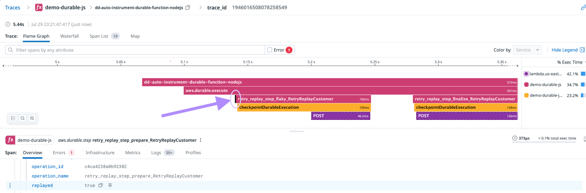 Close-up of a near-zero-duration replay span in the flame graph, with the span attributes showing replayed: true.