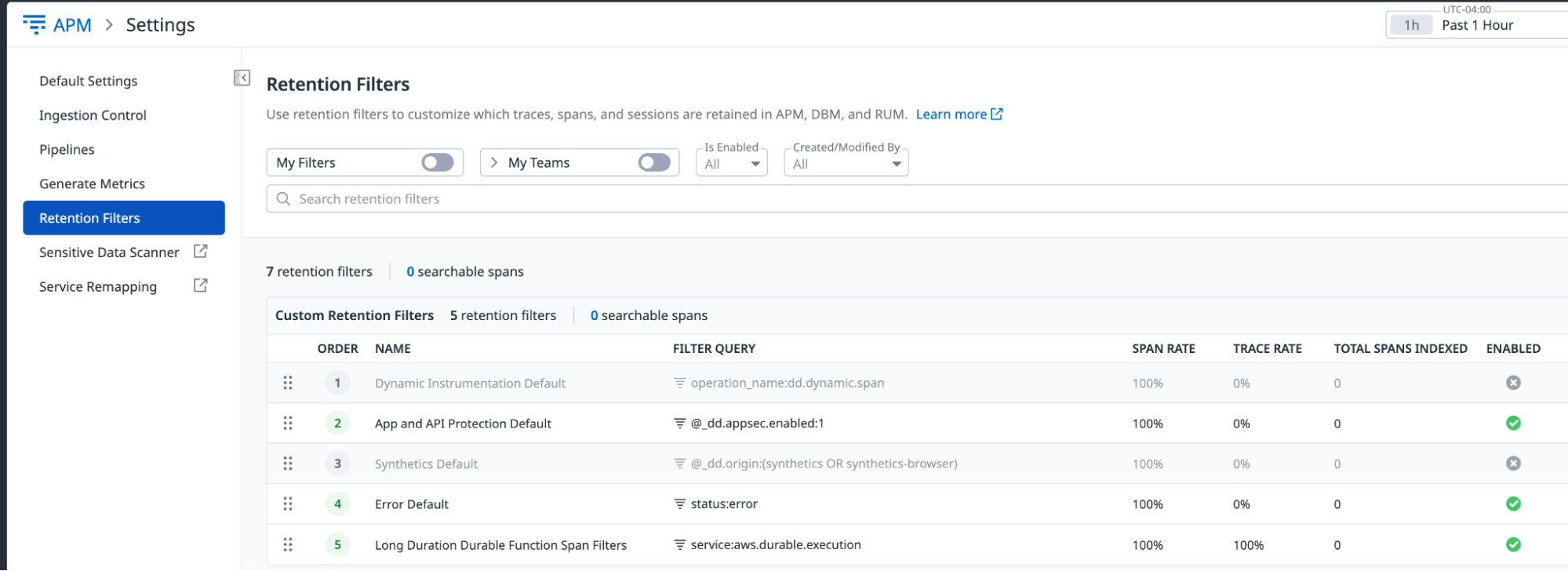 Datadog APM Retention Filters settings page showing a custom retention filter for long-duration durable function spans alongside the existing filters.