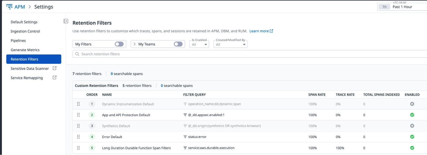 Datadog APM Retention Filters settings page showing a custom retention filter for long-duration durable function spans alongside the existing filters. Datadog APM Retention Filters settings page showing a custom retention filter for long-duration durable function spans alongside the existing filters.