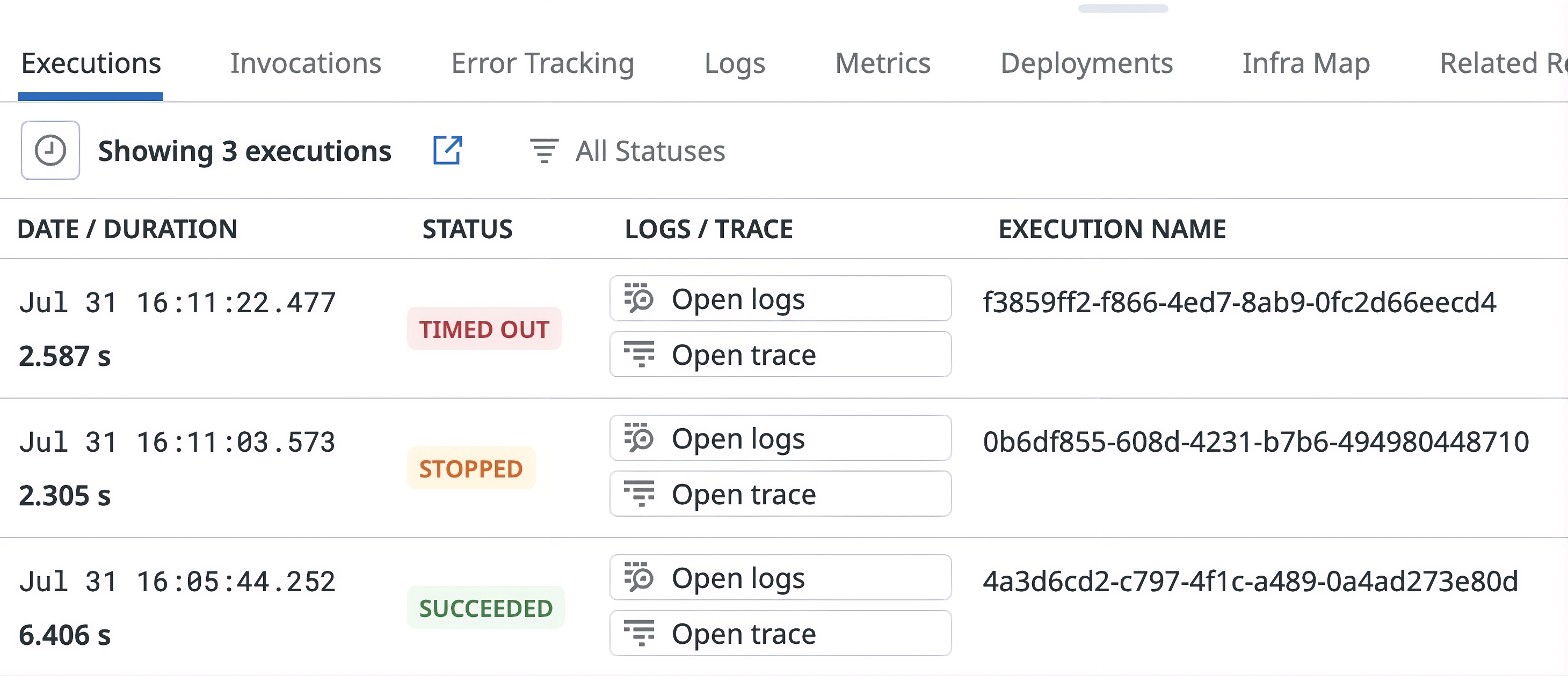 Serverless View showing three durable executions with TIMED OUT, STOPPED, and SUCCEEDED statuses, plus links to open each execution’s logs or trace.