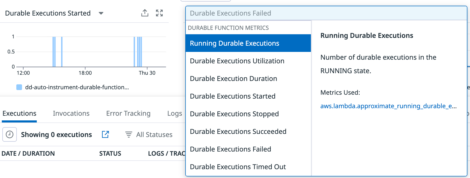 Durable function metrics selector and execution graph showing status, utilization, and duration metrics.